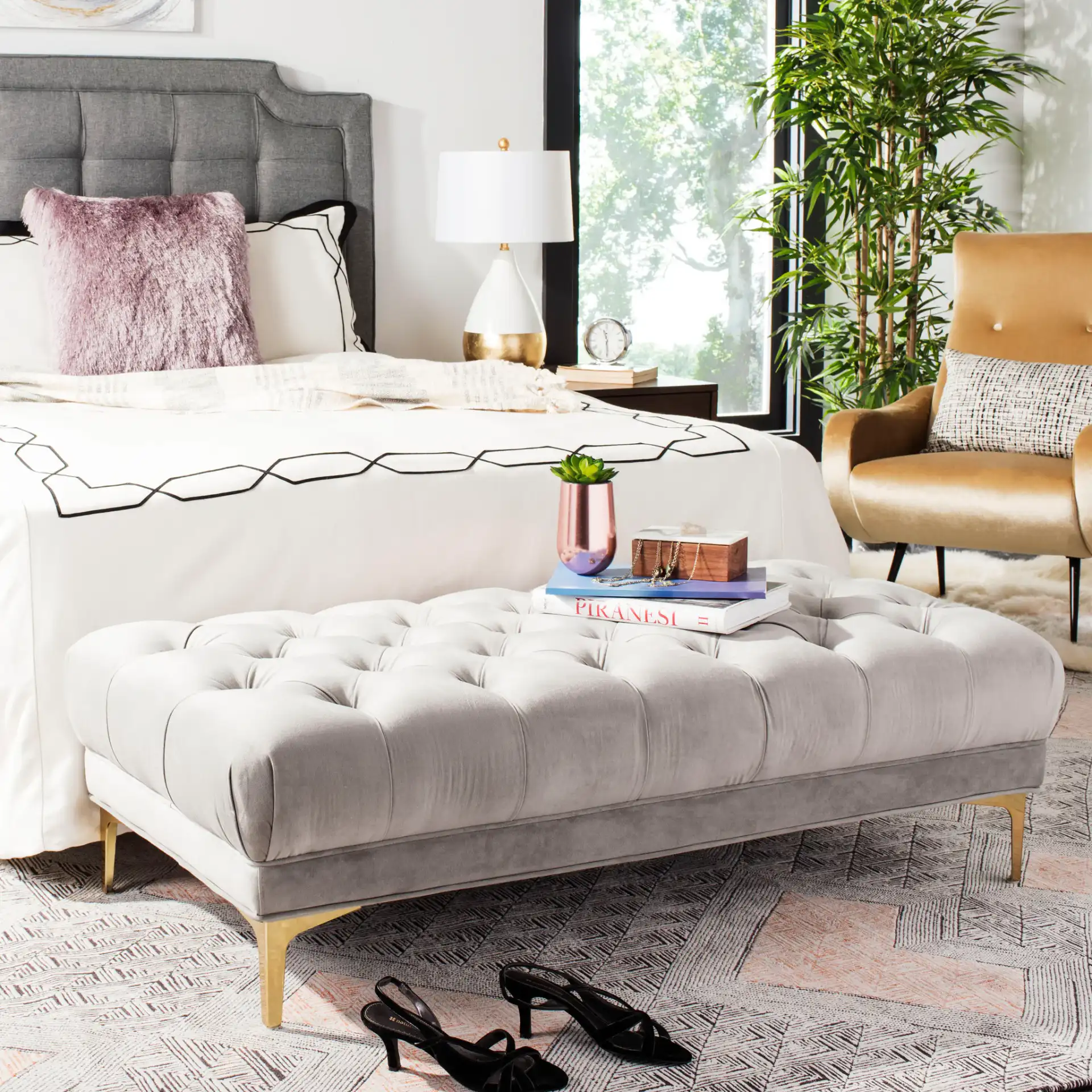 Zarya Tufted Rectangular Bench in Navy Blue / Brass in a styled room