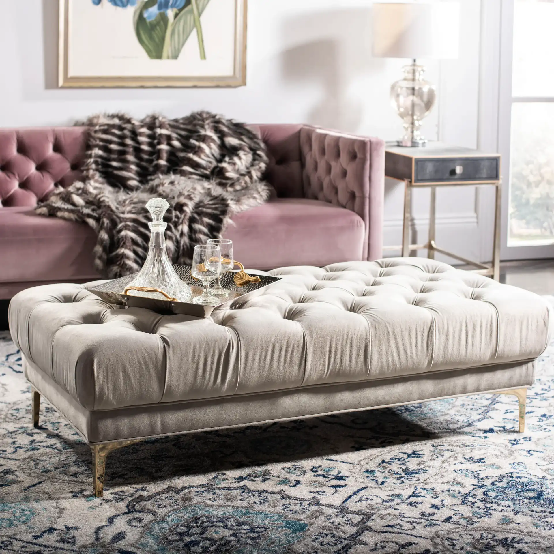 Zarya Tufted Rectangular Bench in Navy Blue / Brass in a styled room