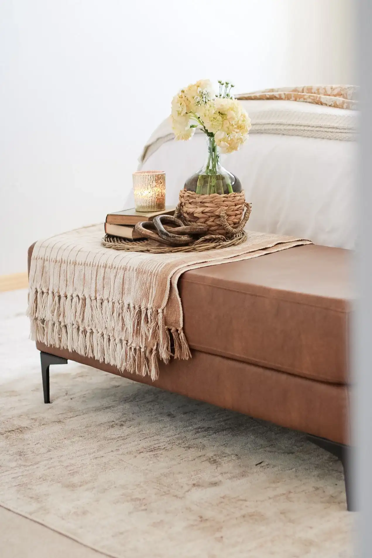 Elise Rectangular Bench in Gray / Black in a styled room
