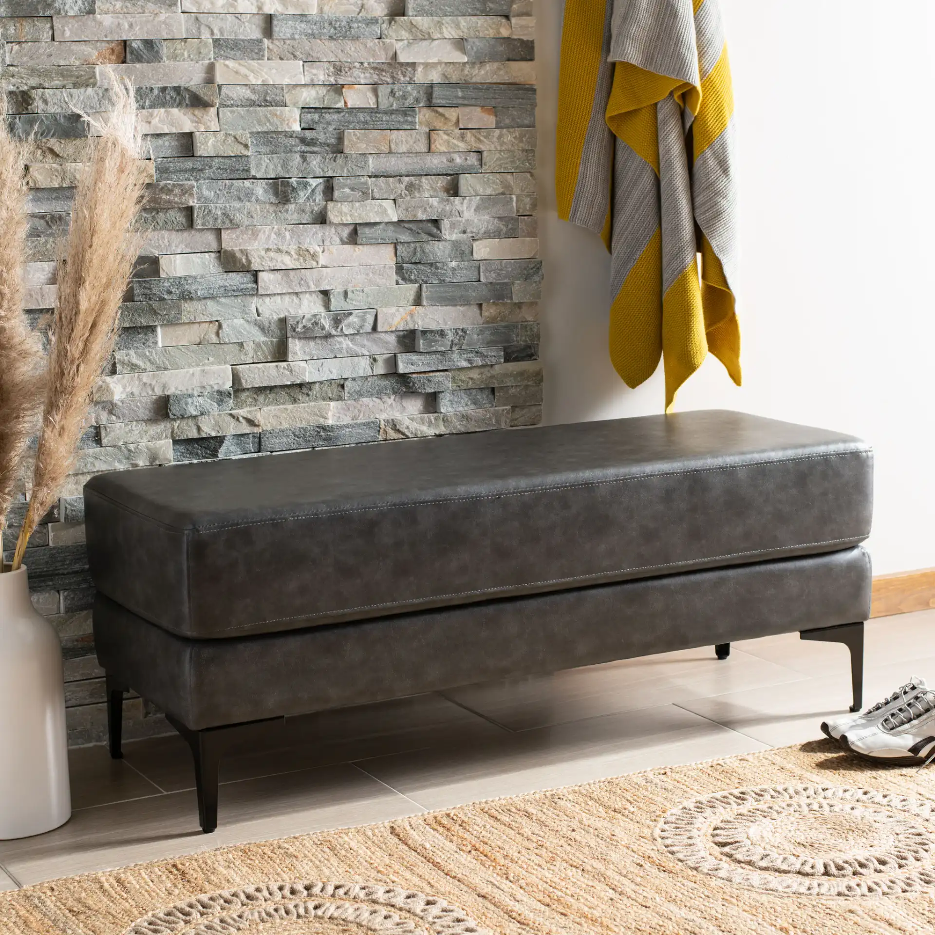 Elise Rectangular Bench in Gray / Black in a styled room