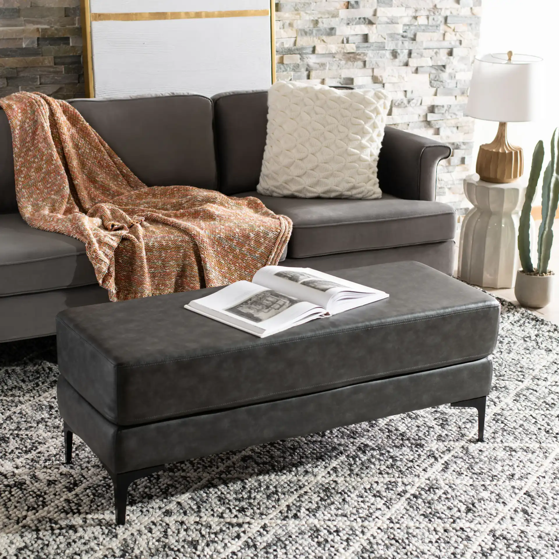 Elise Rectangular Bench in Gray / Black in a styled room