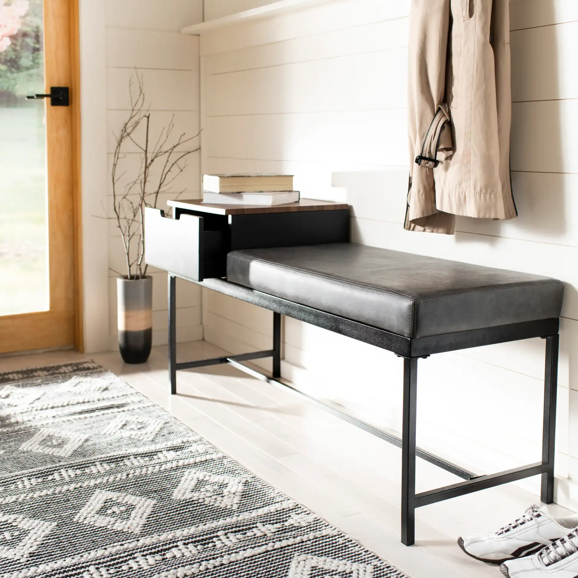 Maruka Bench With Storage in Gray Washed / Dark Green Pu in a styled room