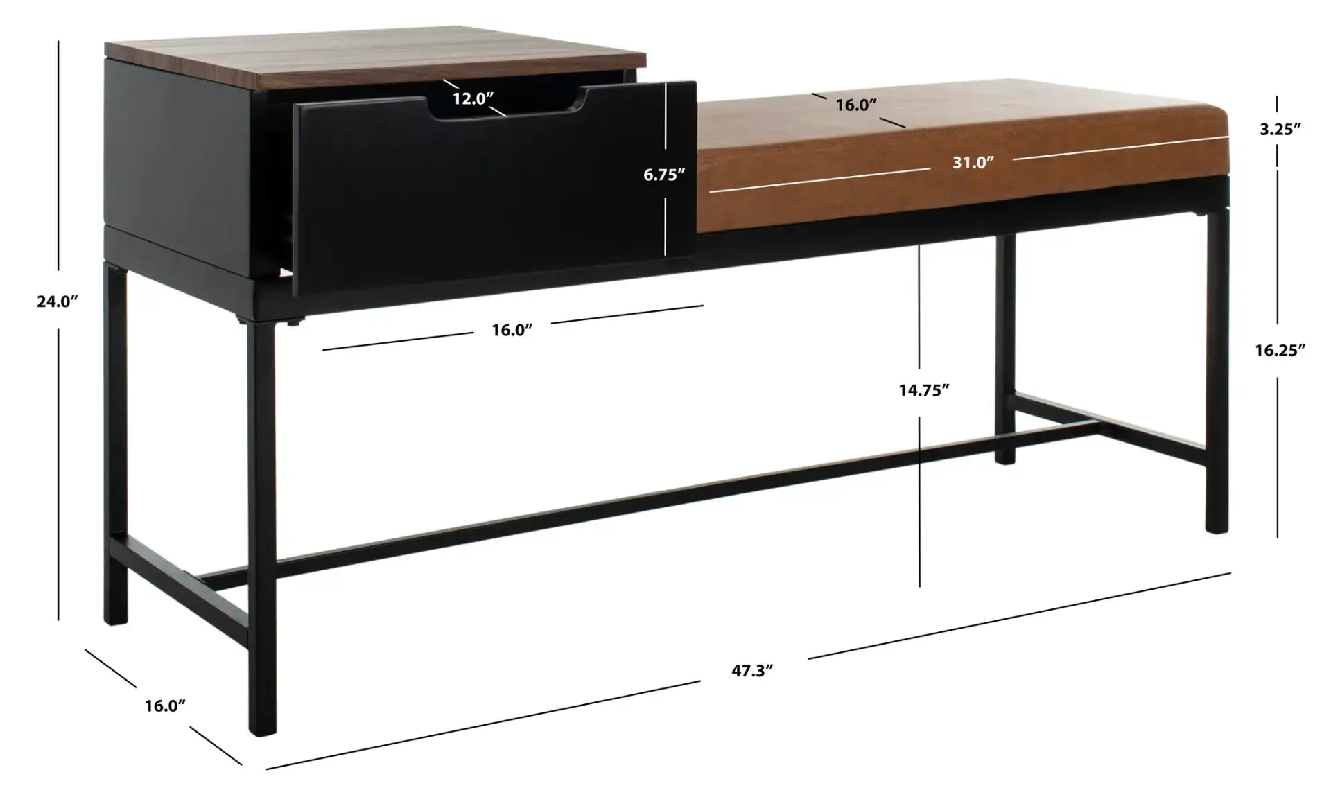 Maruka Bench With Storage in Gray Washed / Dark Green Pu, detail view