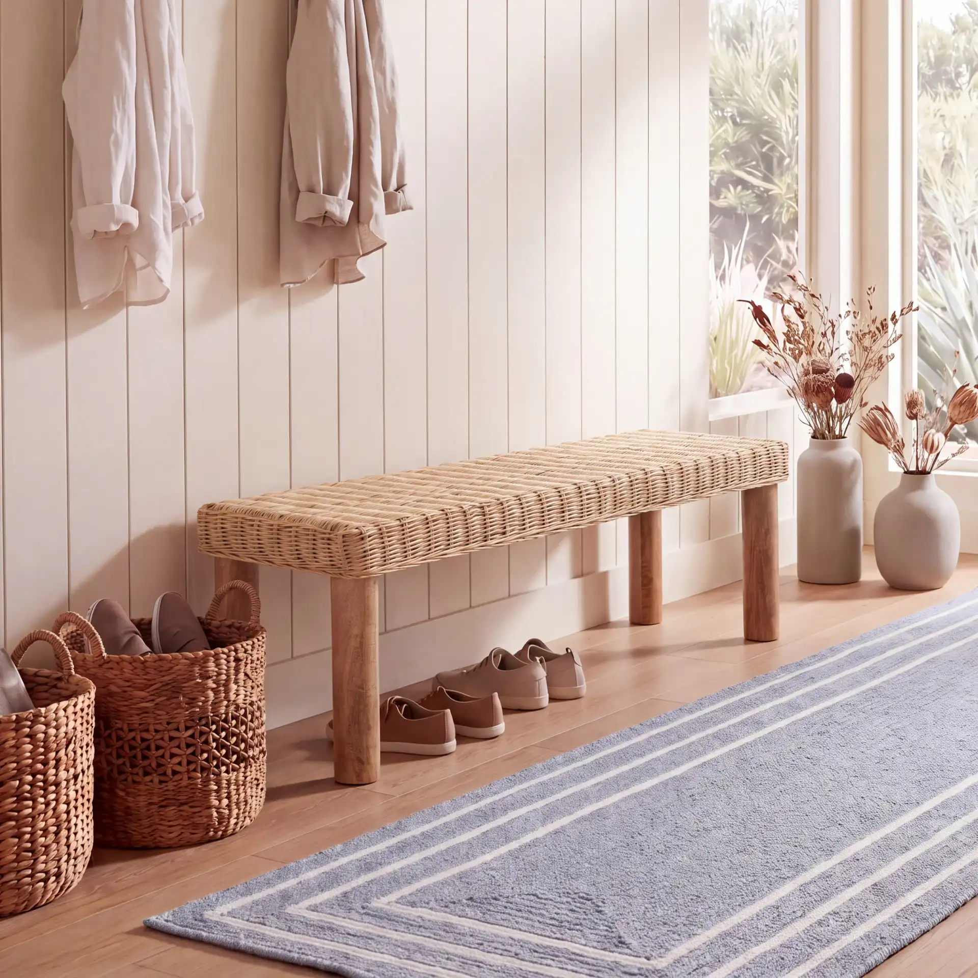 Shazza Weaved Bench in Natural in a styled room