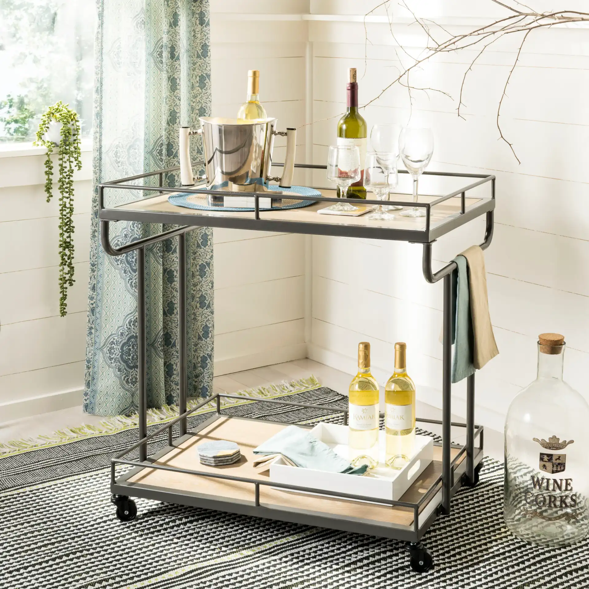 Dawson Two-Tier Rectangular Bar Cart in Oak / White in a styled room