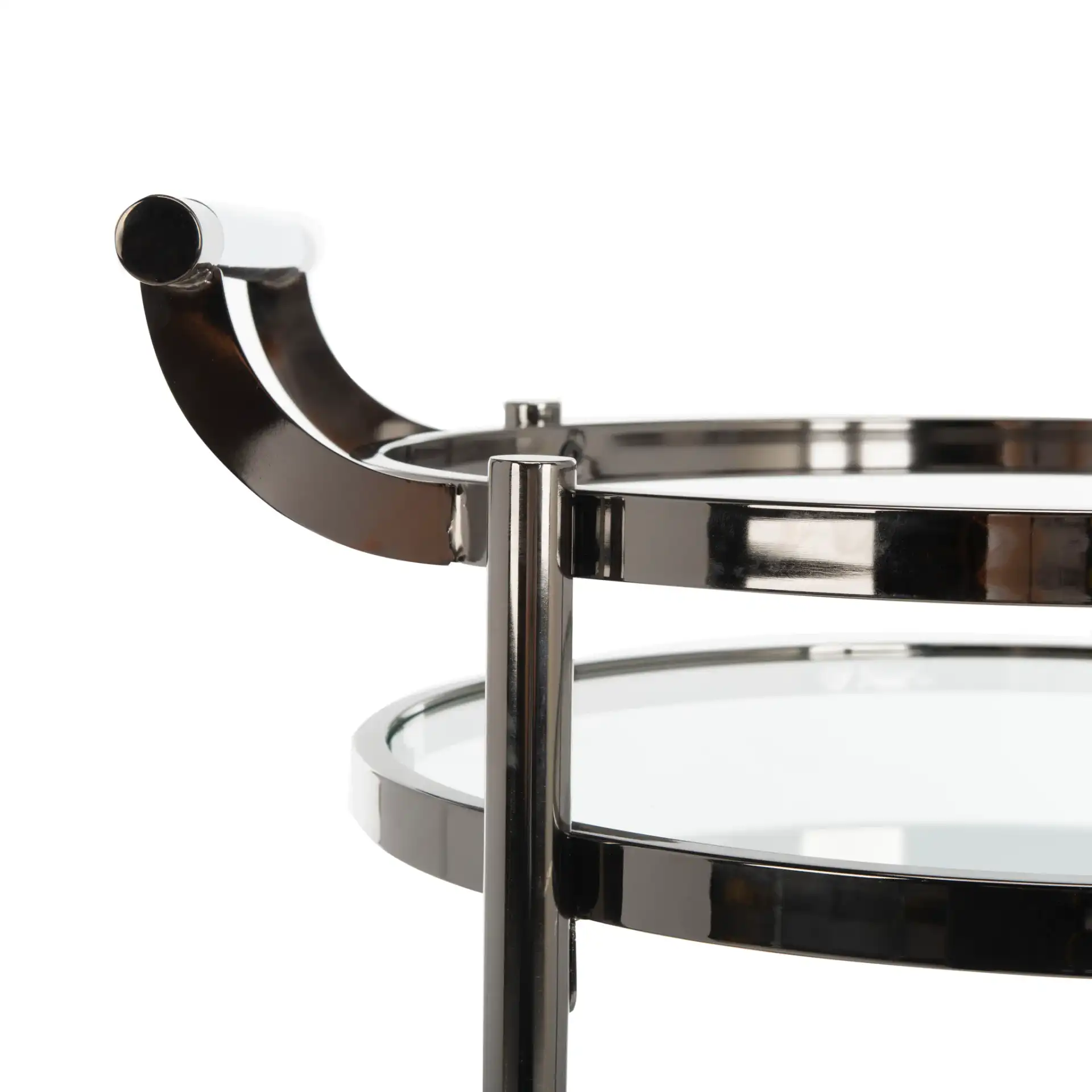 Siena Two-Tier Round Bar Cart in Black Nickel / Clear in a styled room