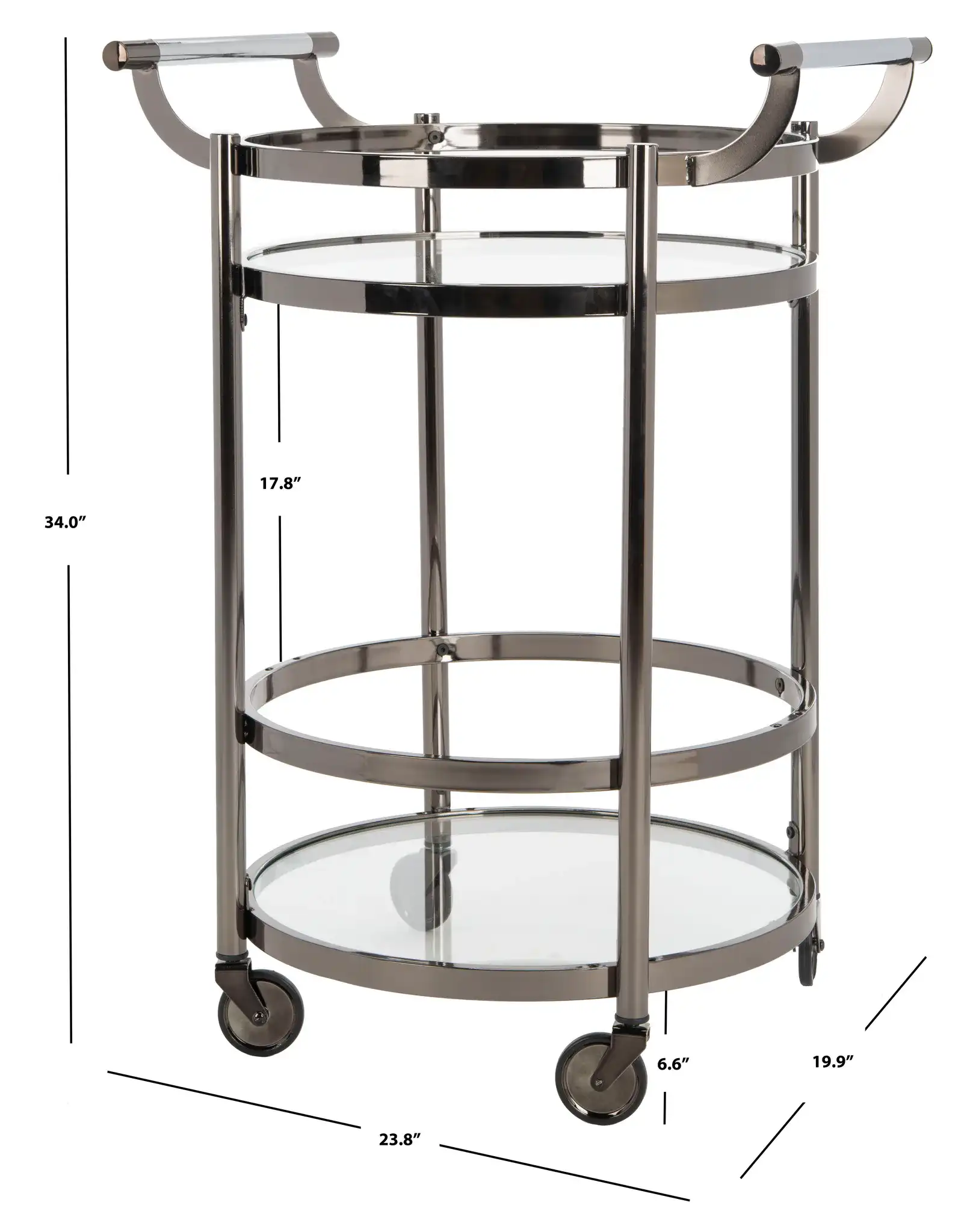 Siena Two-Tier Round Bar Cart in Black Nickel / Clear, detail view