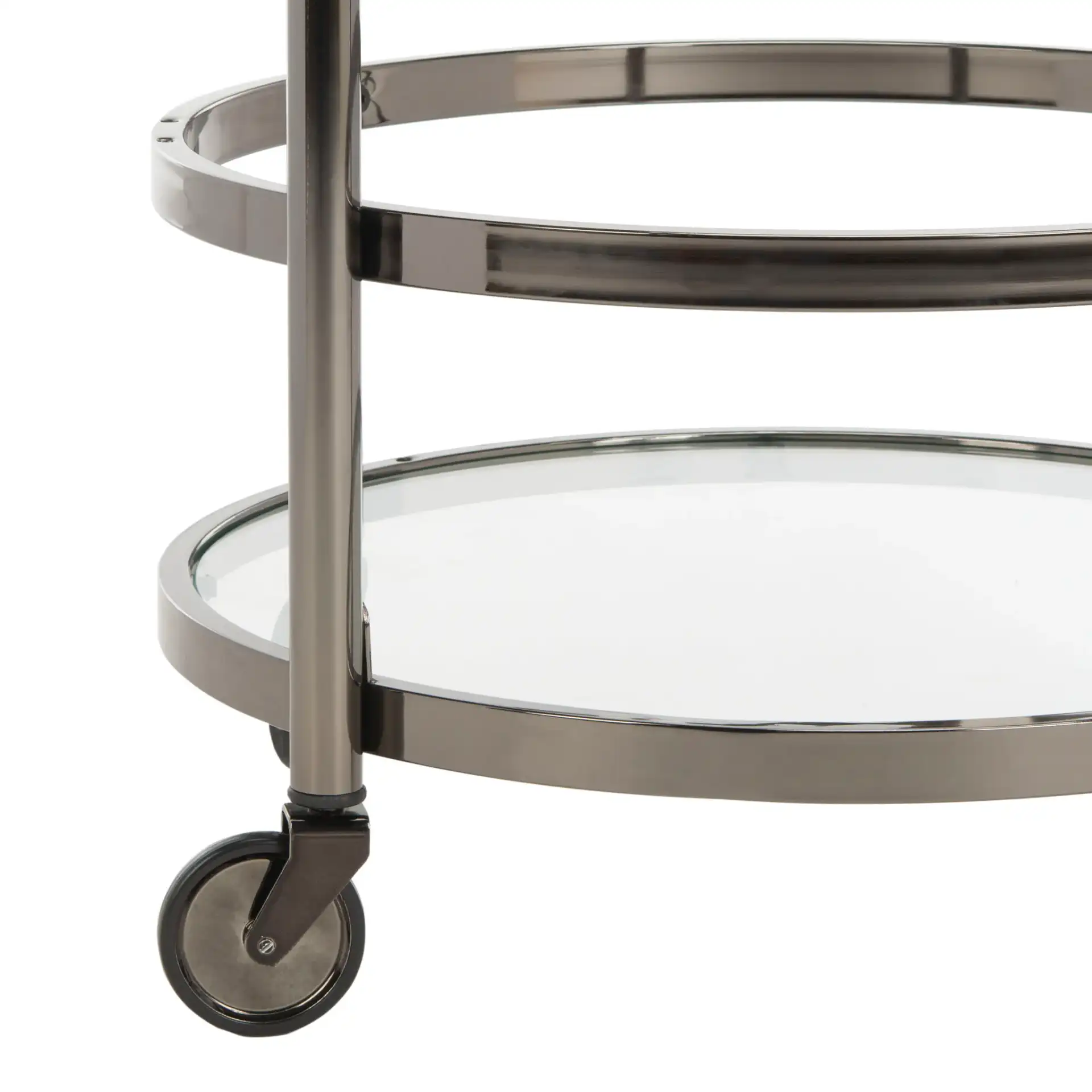 Siena Two-Tier Round Bar Cart in Black Nickel / Clear, detail view