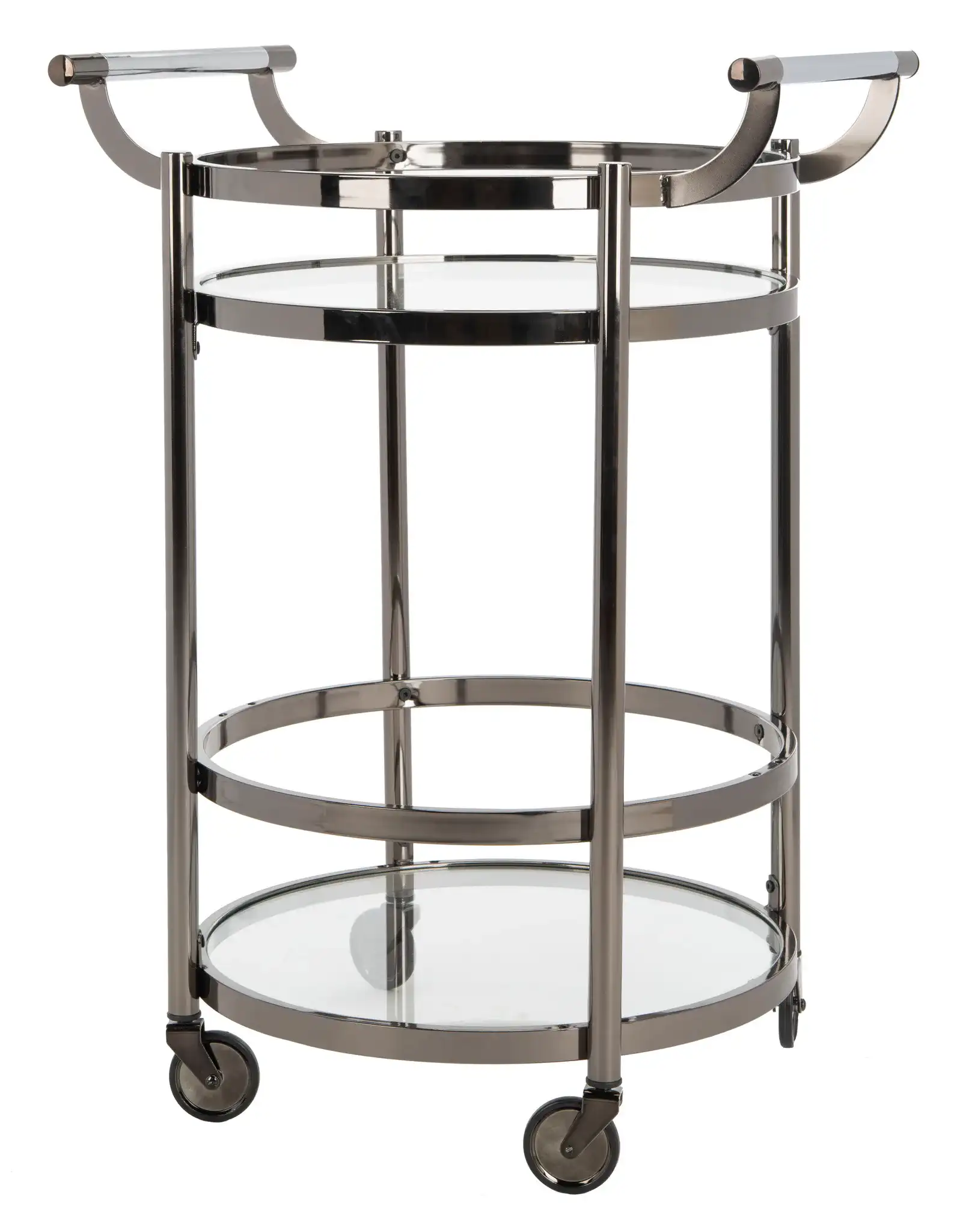 Siena Two-Tier Round Bar Cart in Black Nickel / Clear, detail view