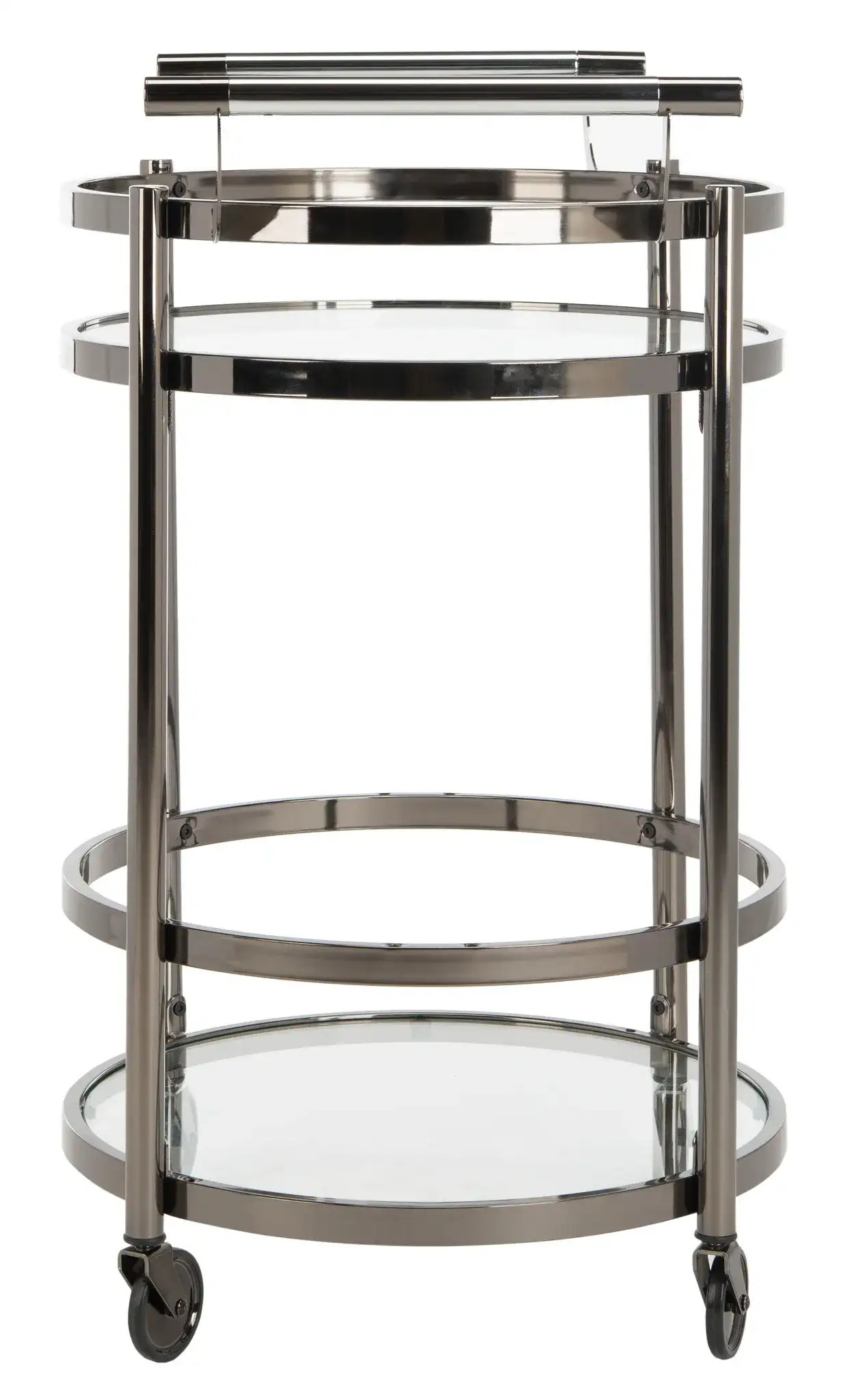 Siena Two-Tier Round Bar Cart in Black Nickel / Clear, detail view