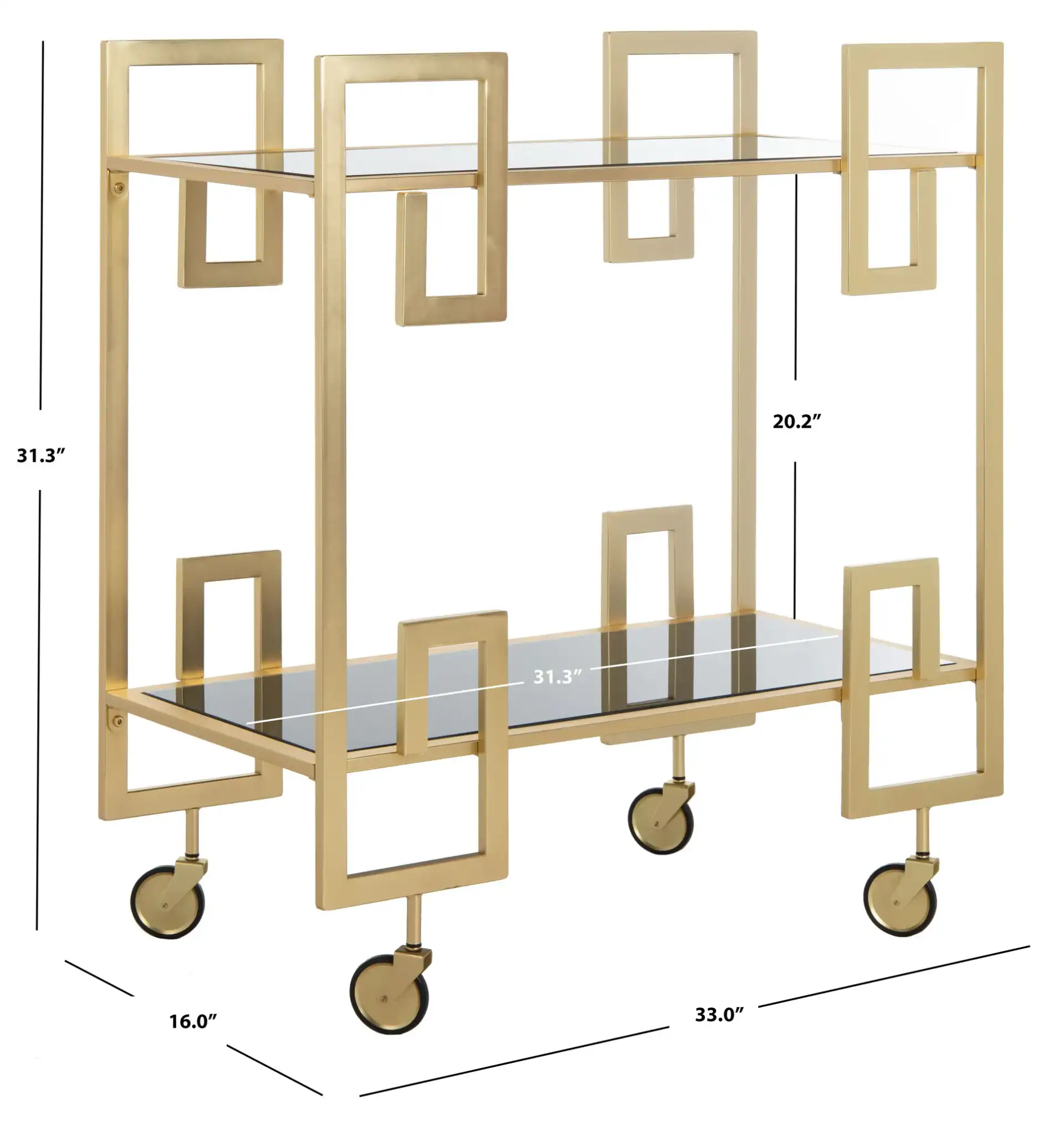 Eliza Two-Tier Bar Cart in Matte Brass / Clear, detail view