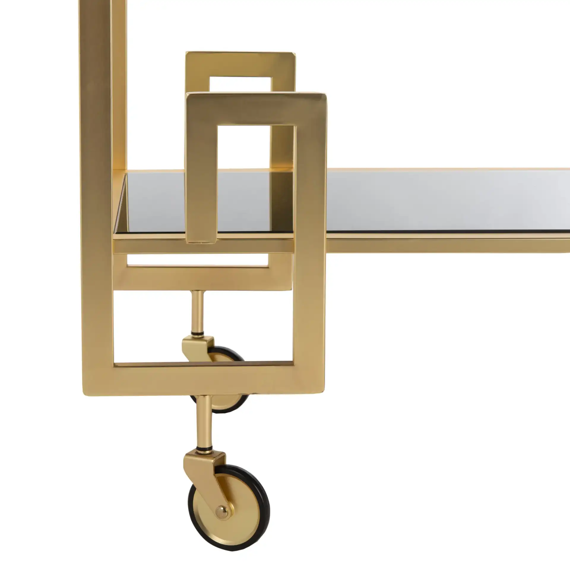 Eliza Two-Tier Bar Cart in Matte Brass / Clear, detail view