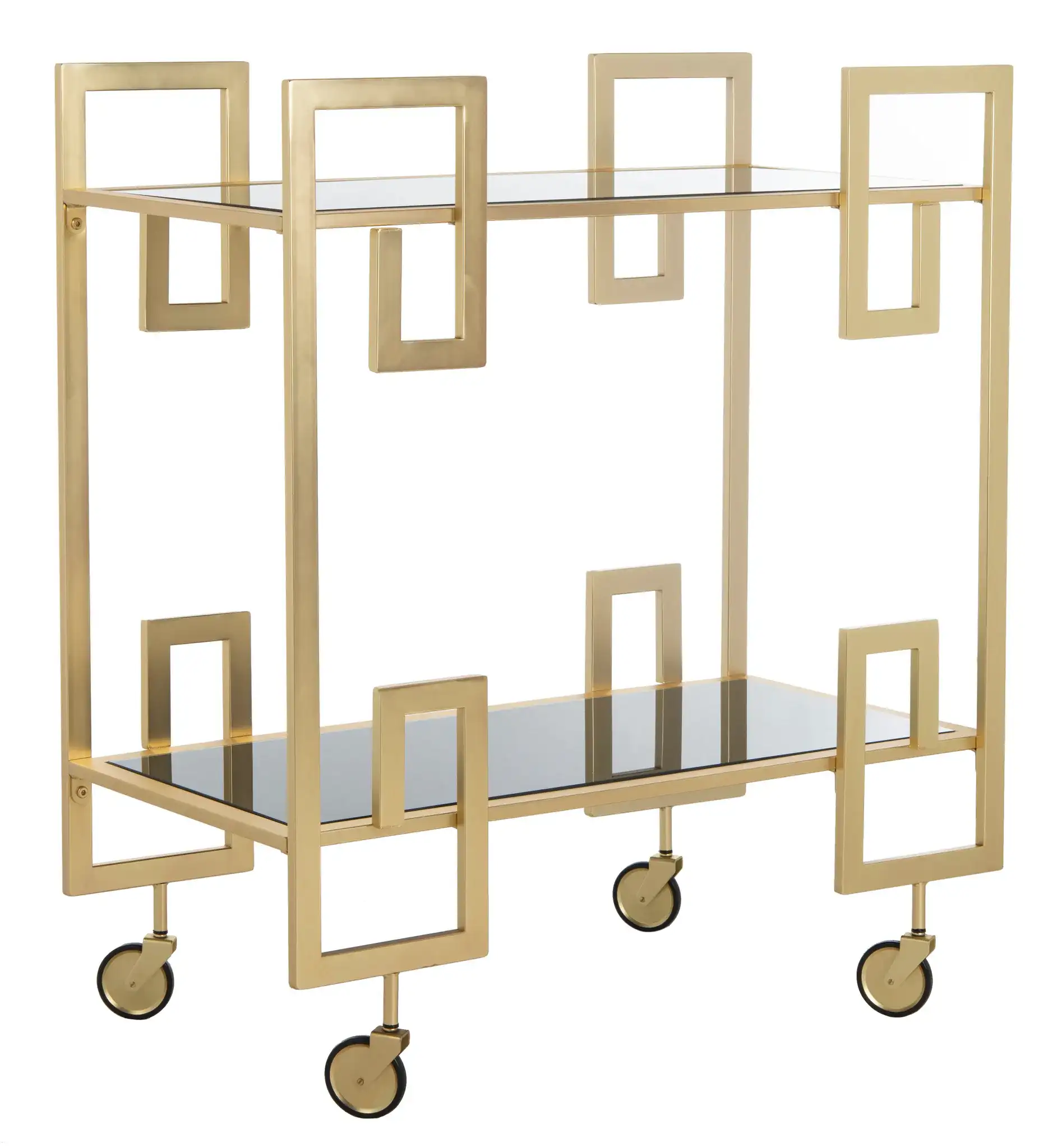 Eliza Two-Tier Bar Cart in Matte Brass / Clear, detail view