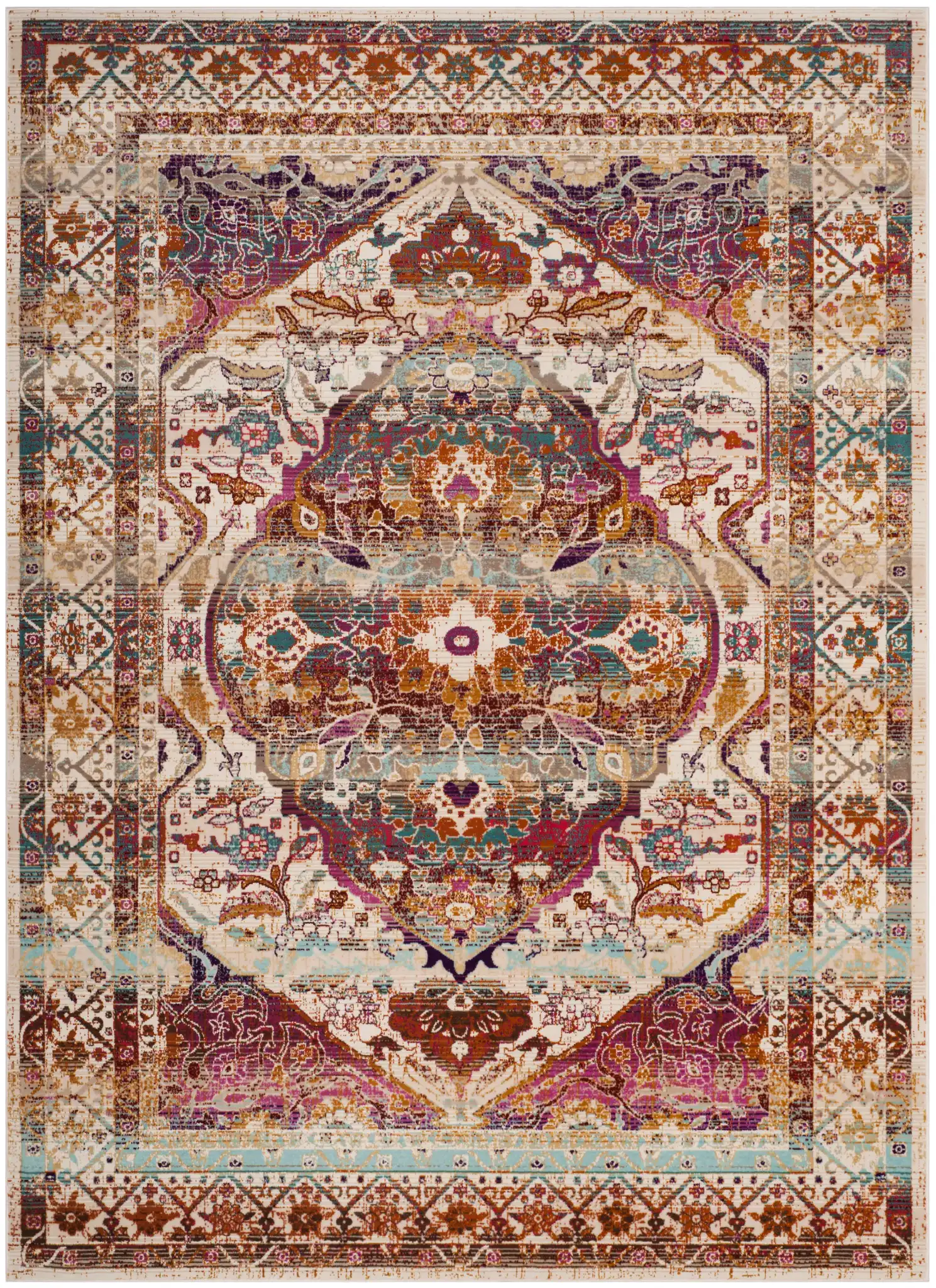 Baldwin Medallion Bordered Rug in Ivory / Fuchsia