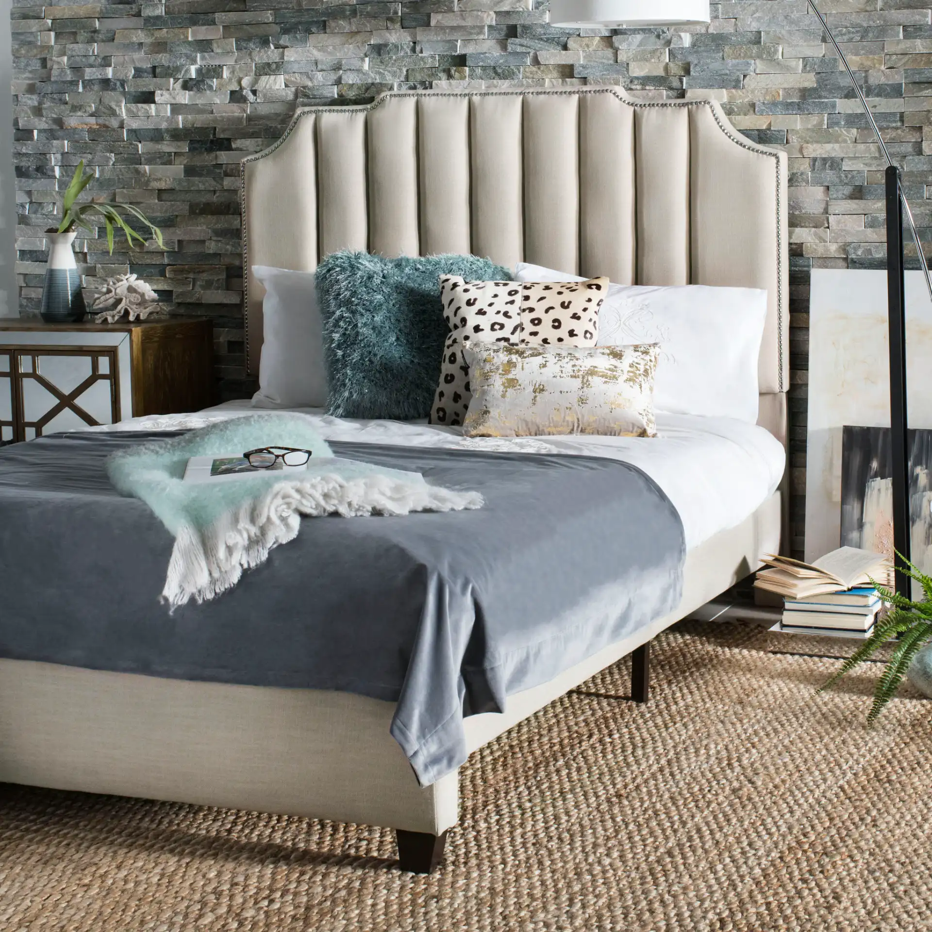 Streep Fabric Bed in Gray in a styled room