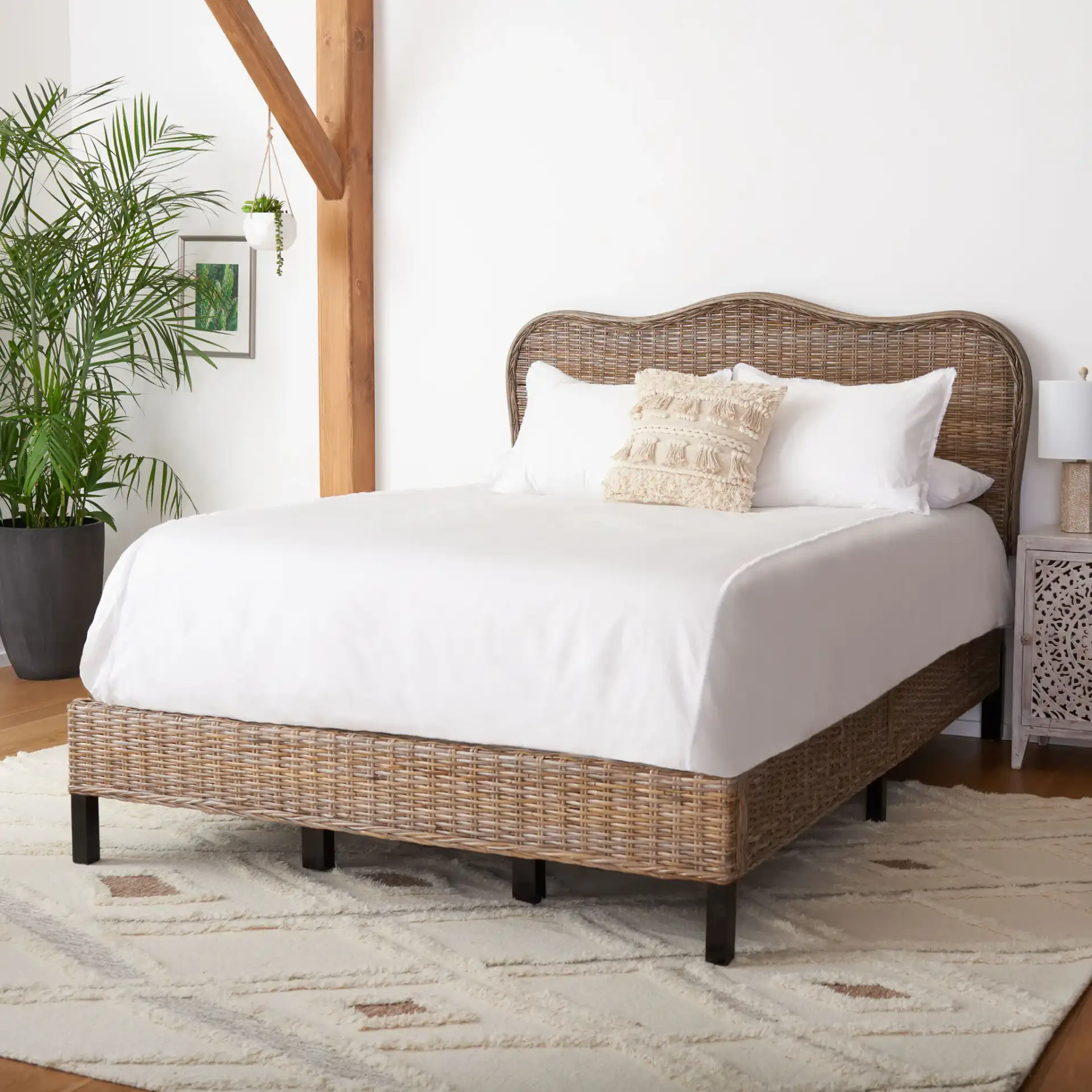 Daejon Rattan Bed in Grey / Espresso in a styled room