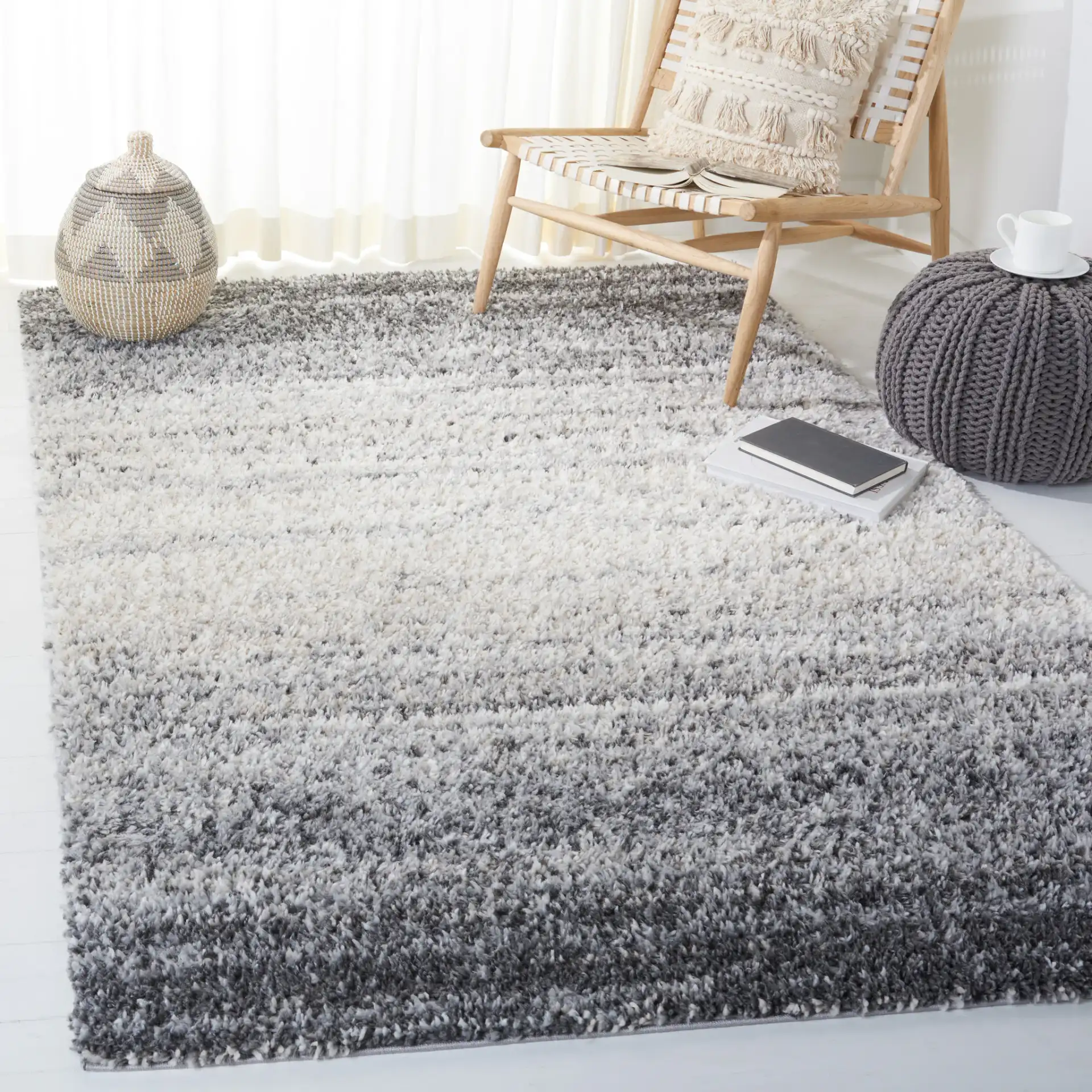 Berber Gradient Shag Rug in Gray / Charcoal in a styled room