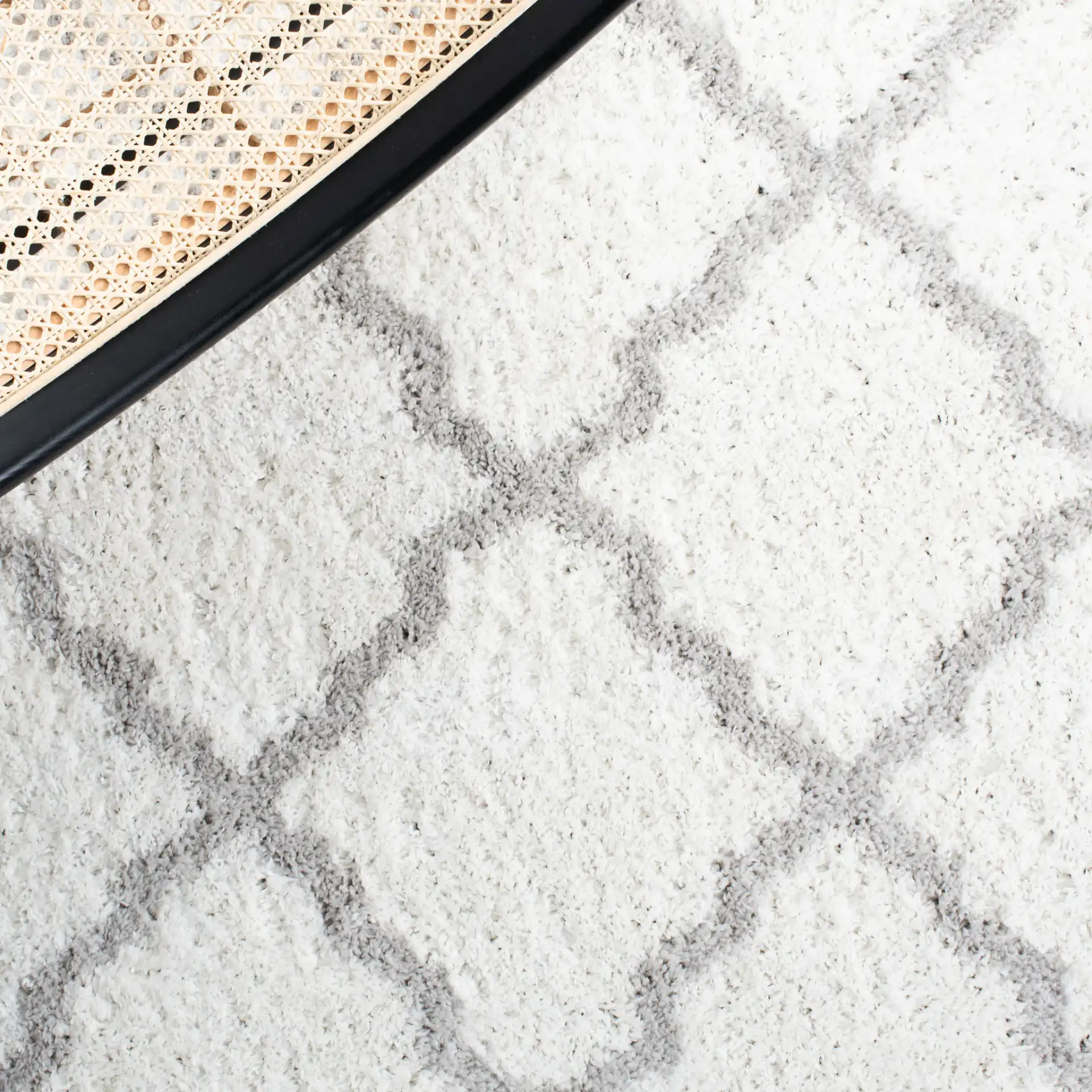 Berber Curved Trellis Shag Rug in Ivory / Light Gray in a styled room