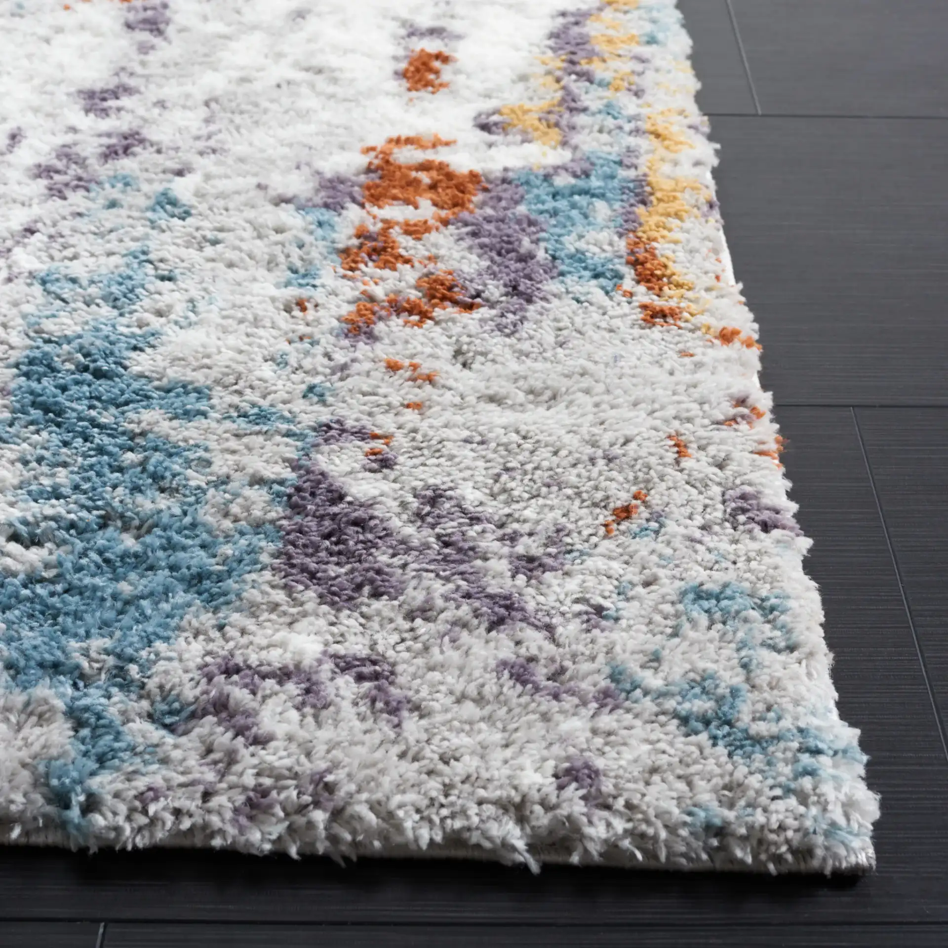Berber Mottled Shag Rug in Blue Rust / Ivory in a styled room