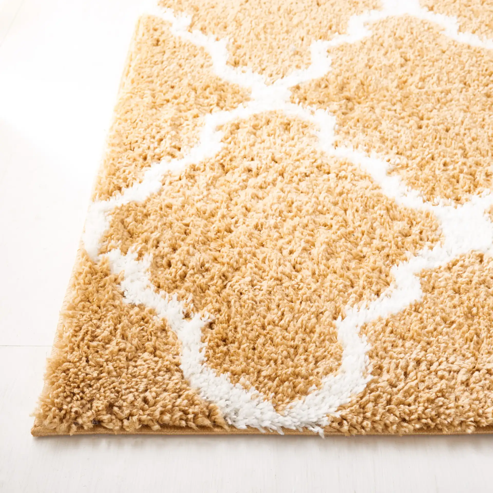 Berber Trellis Shag Rug in Dark Beige / Ivory in a styled room