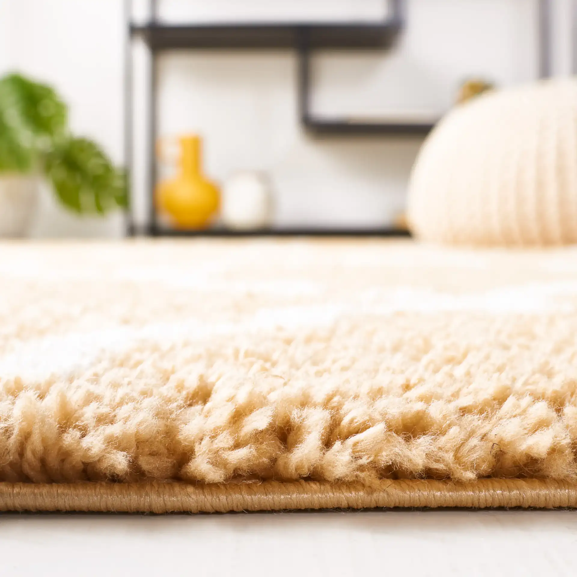 Berber Trellis Shag Rug in Dark Beige / Ivory in a styled room