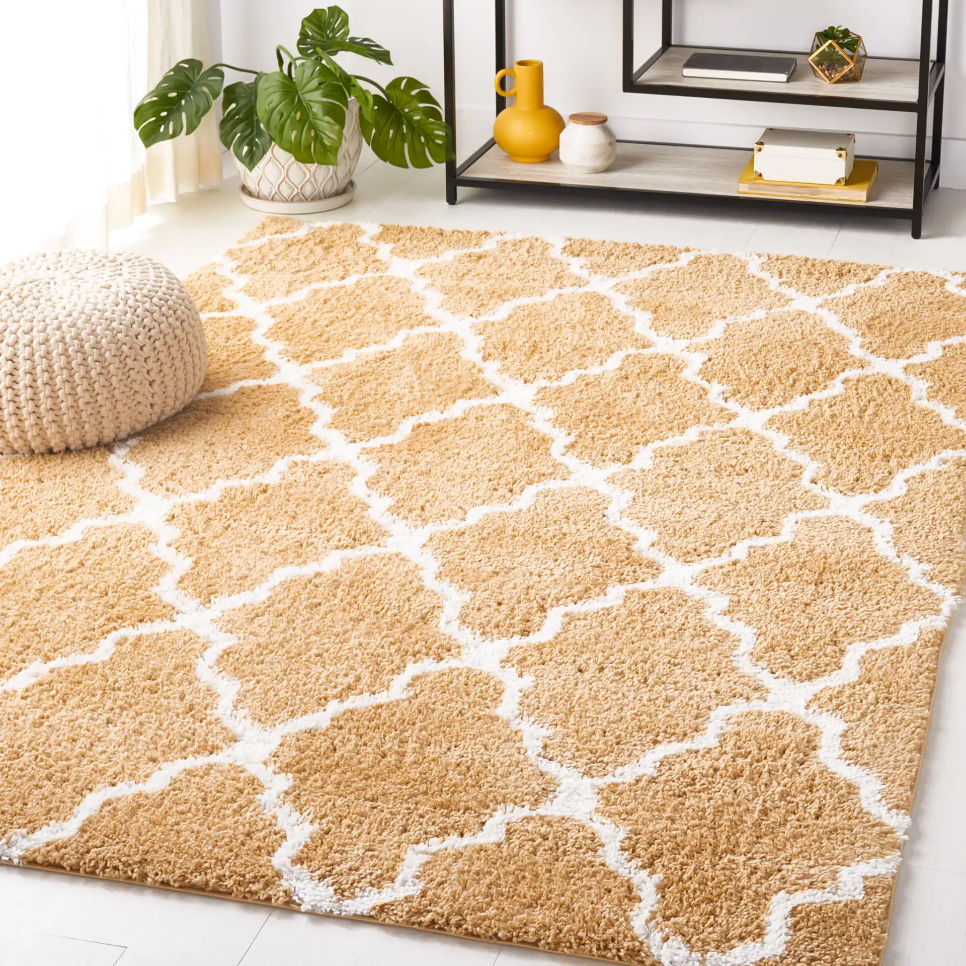 Berber Trellis Shag Rug in Dark Beige / Ivory in a styled room