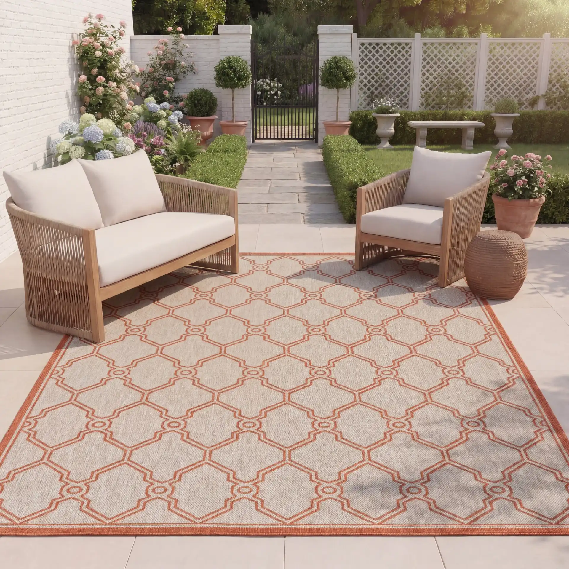 Beach House Geometric Trellis Outdoor Rug in Beige / Orange in a styled room