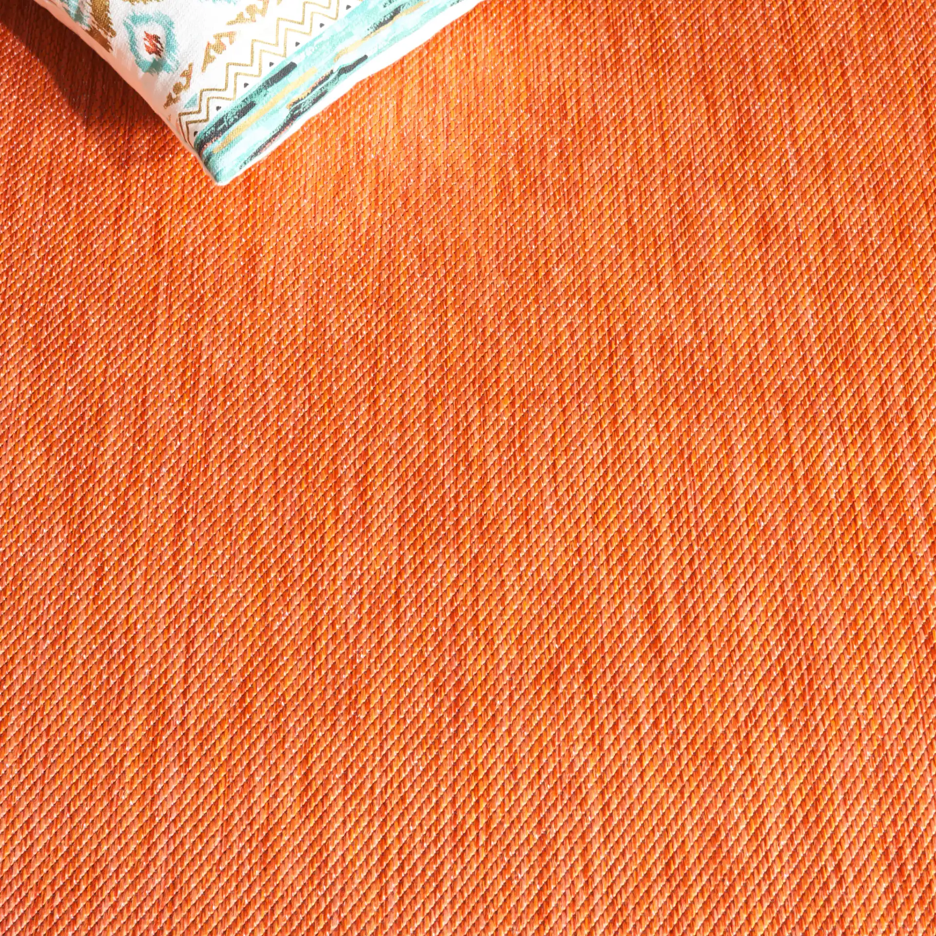 Beach House Textured Solid Outdoor Rug in Orange in a styled room