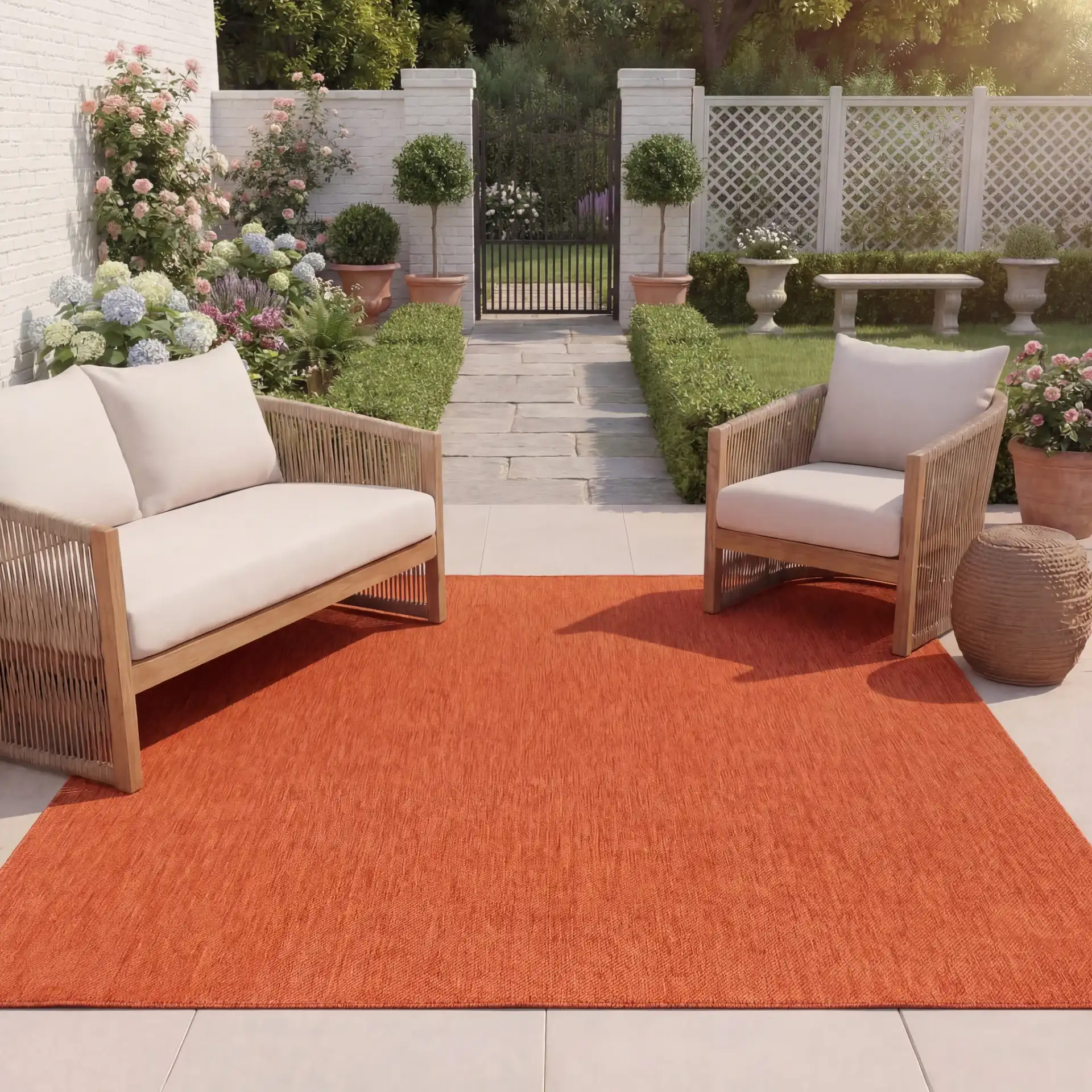Beach House Textured Solid Outdoor Rug in Orange in a styled room