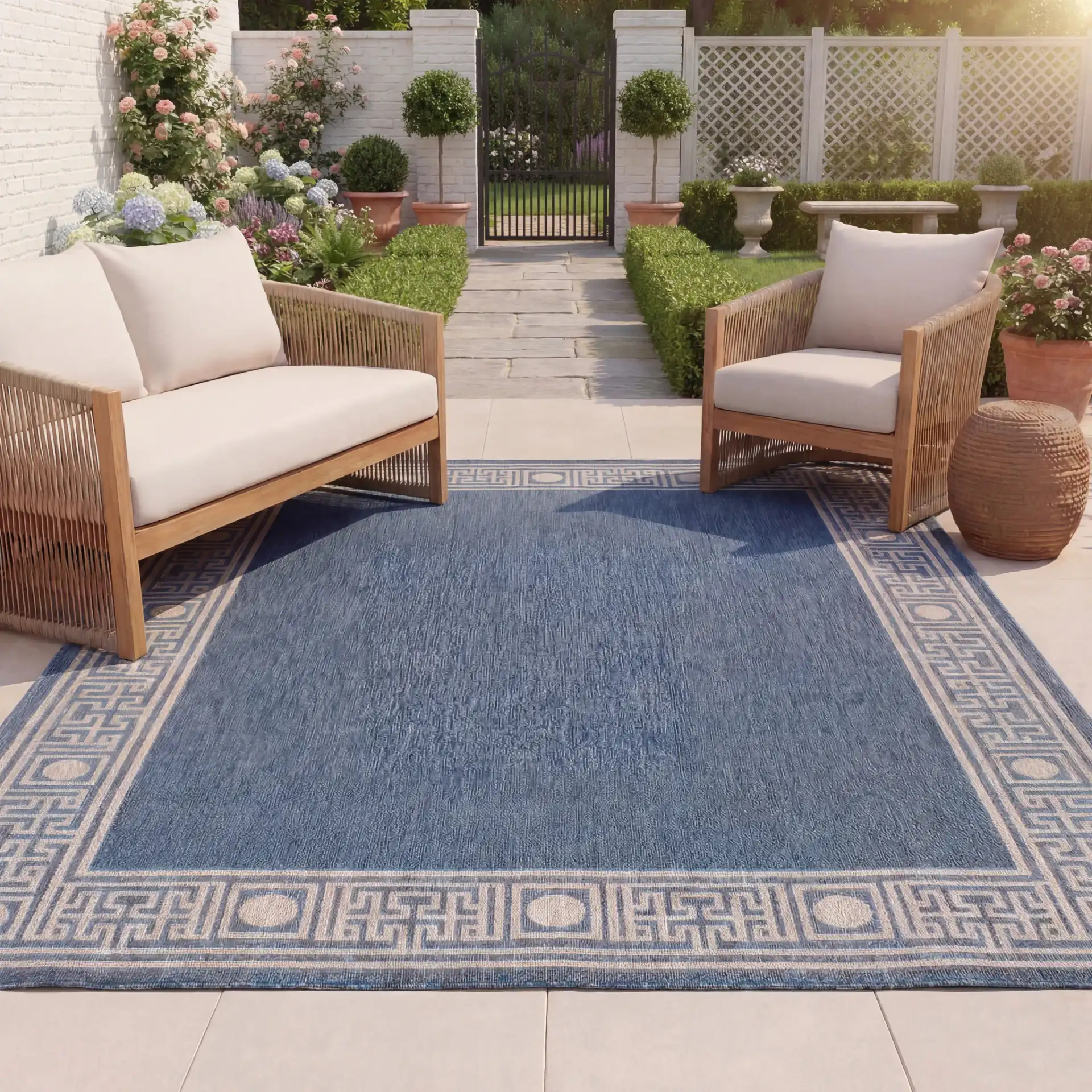 Beach House Greek Key Border Outdoor Rug in Blue / Ivory in a styled room