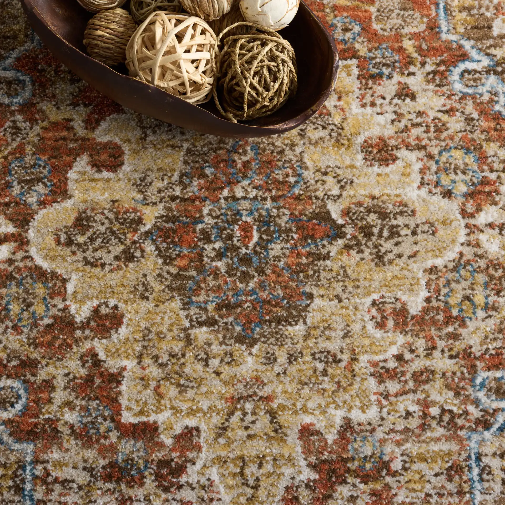 Bijar Medallion Bordered Rug in Brown / Rust in a styled room