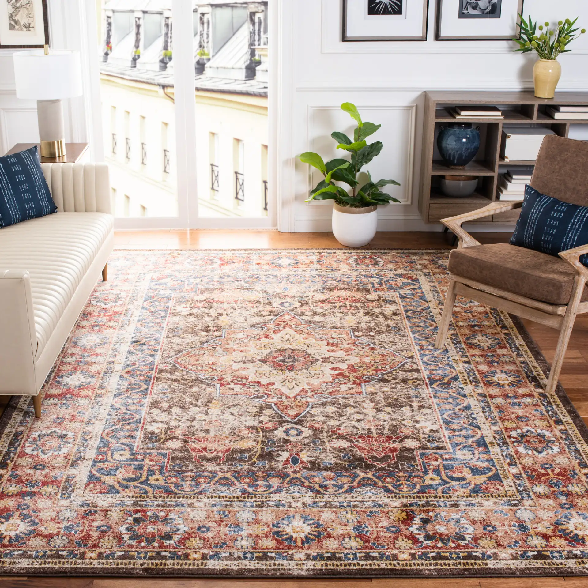 Bijar Medallion Bordered Rug in Brown / Rust in a styled room