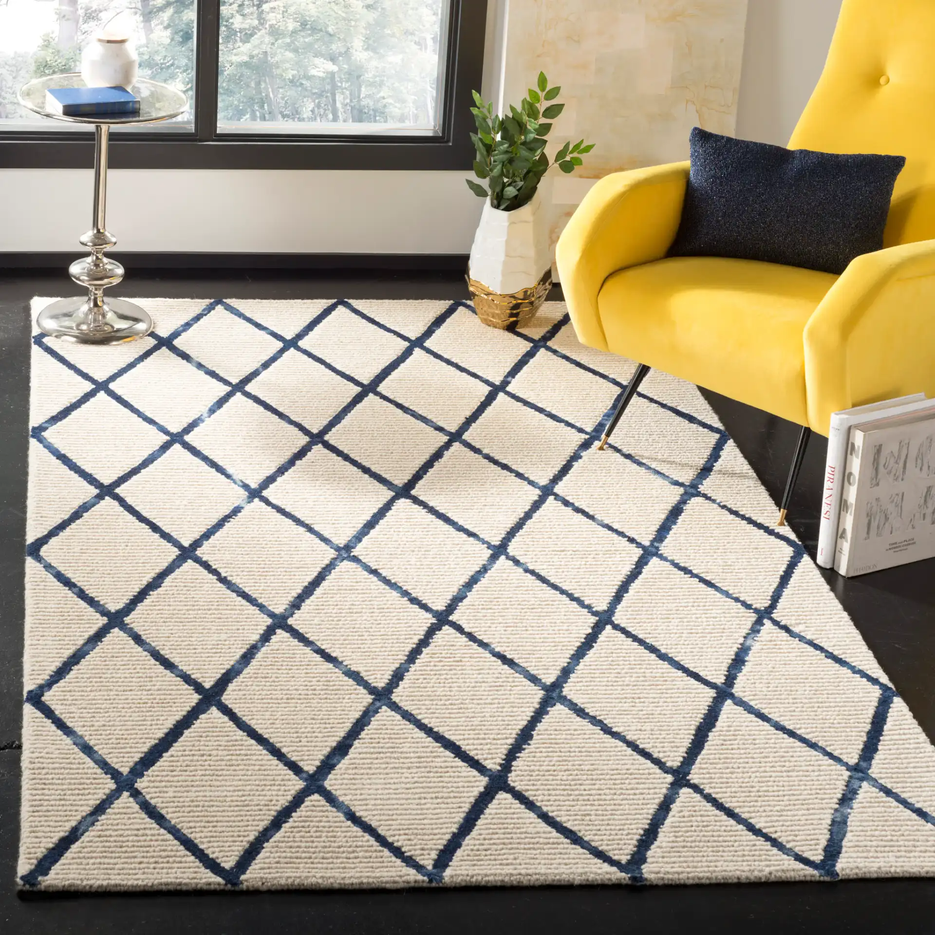 Blossom Diamond Lattice Hand-Tufted Wool Rug in Ivory / Navy in a styled room