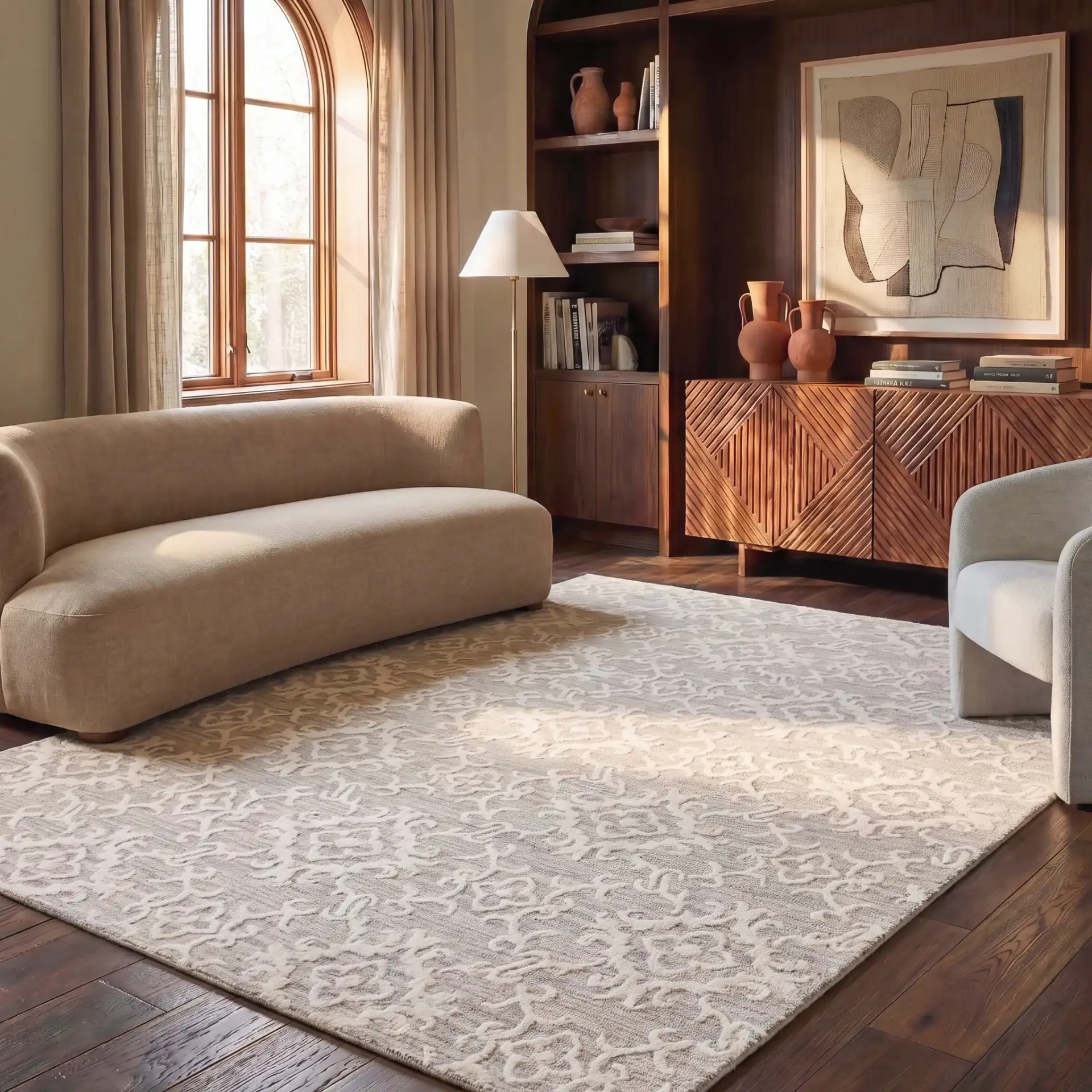 Blossom Scrollwork Hand-Tufted Wool Rug in Gray / Ivory in a styled room