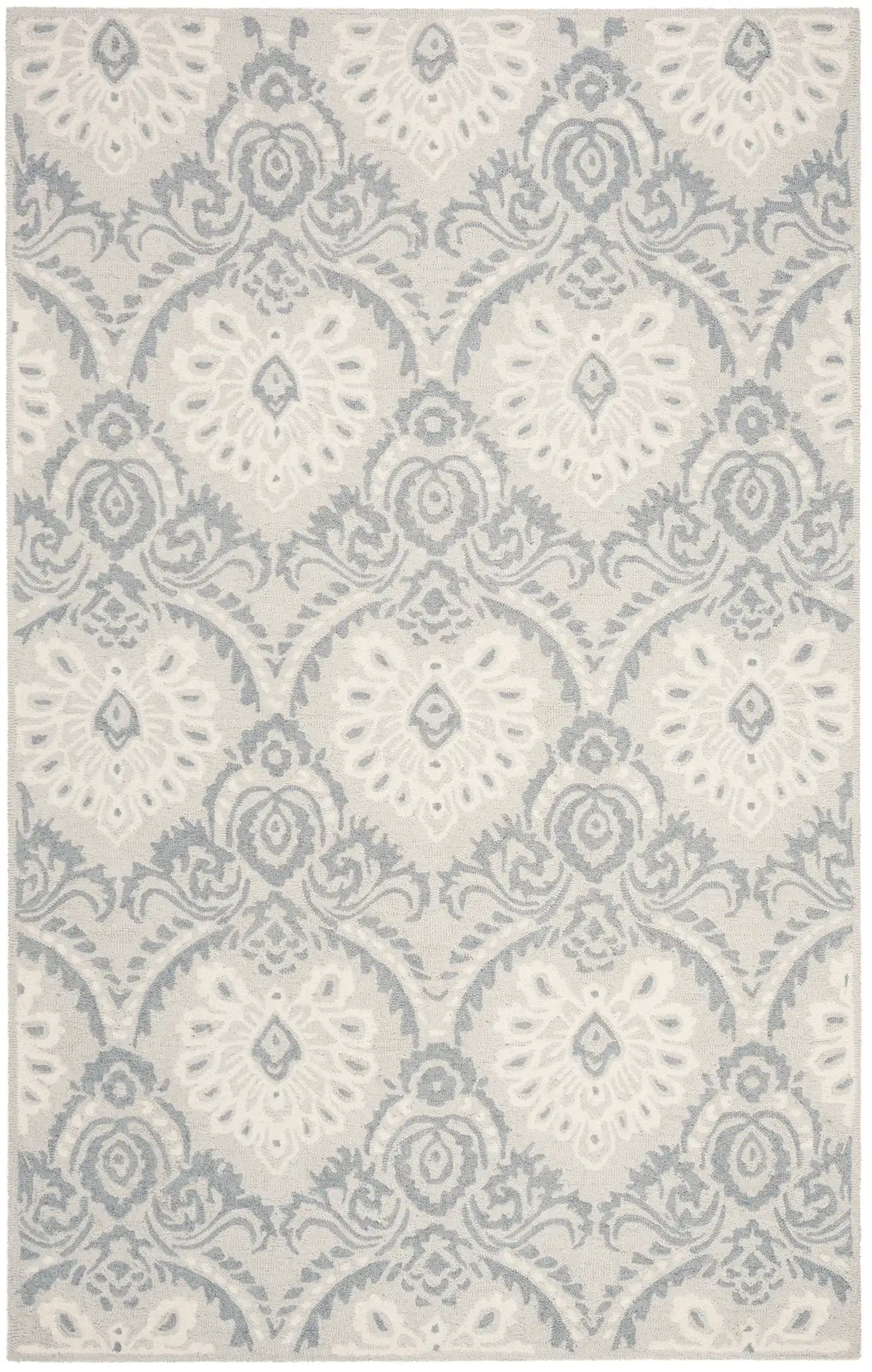 Blossom Palmette Damask Hand-Tufted Wool Rug in Light Gray / Ivory