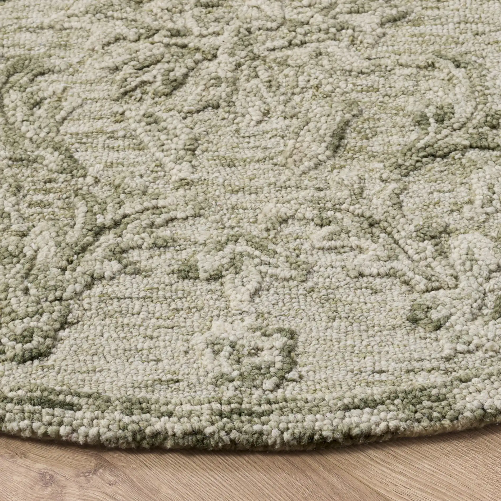 Blossom Damask Vine Hand-Tufted Wool Rug in Sage / Ivory in a styled room