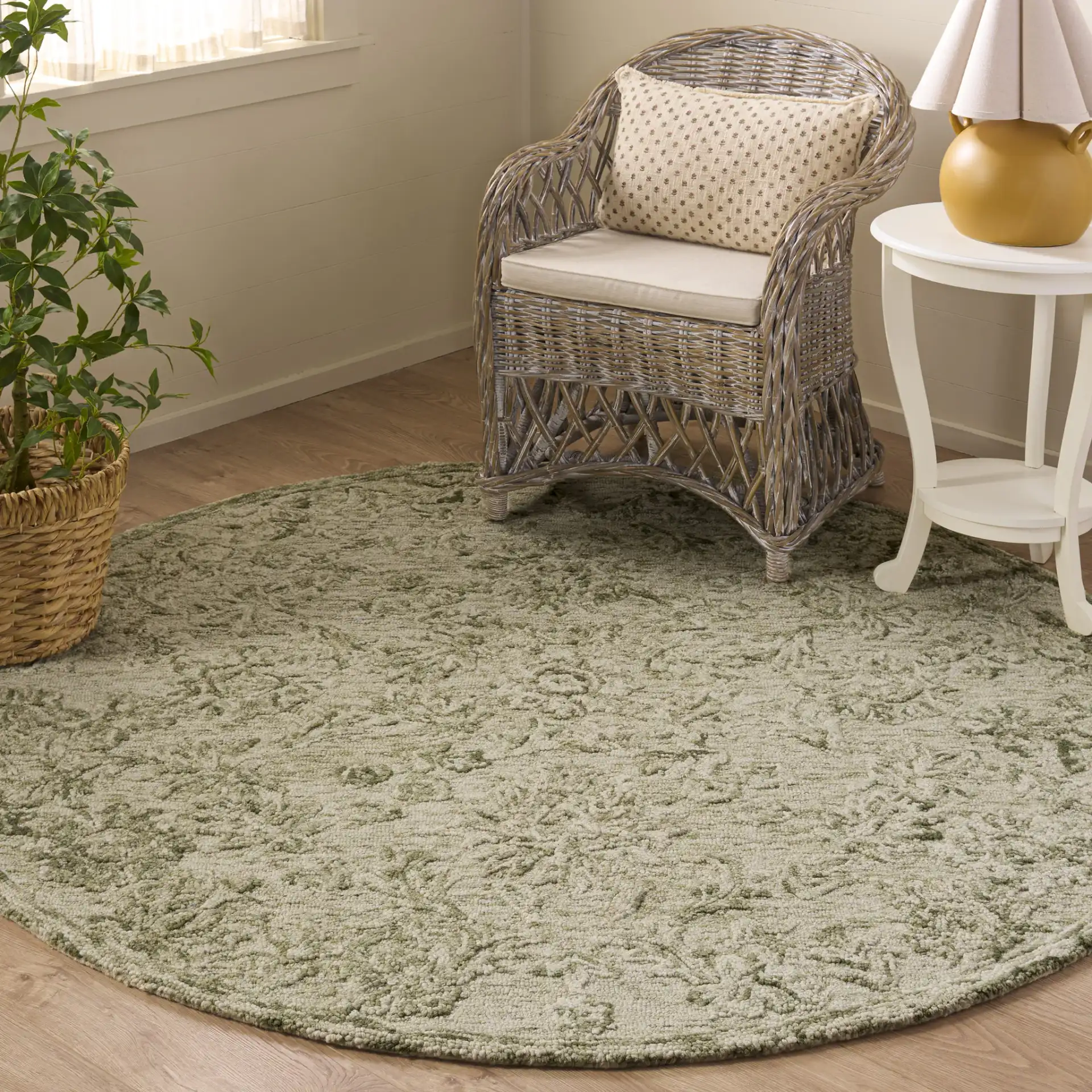 Blossom Damask Vine Hand-Tufted Wool Rug in Sage / Ivory in a styled room