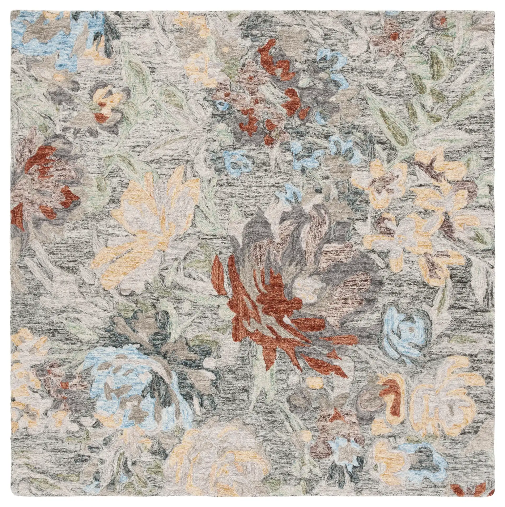 Blossom Distressed Floral Hand-Tufted Wool Rug in Green / Charcoal