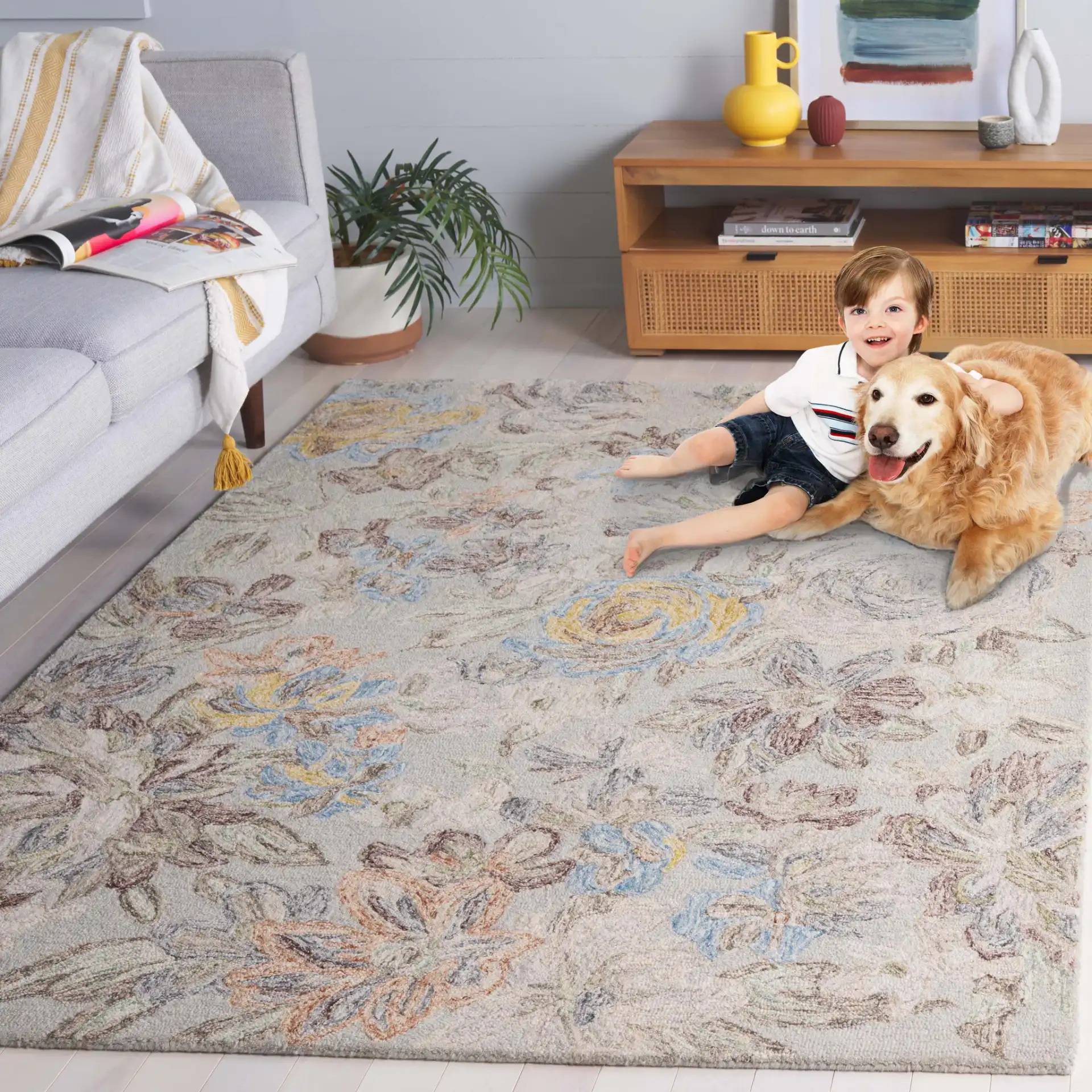 Blossom Pastoral Floral Hand-Tufted Wool Rug in Gray / Blue in a styled room
