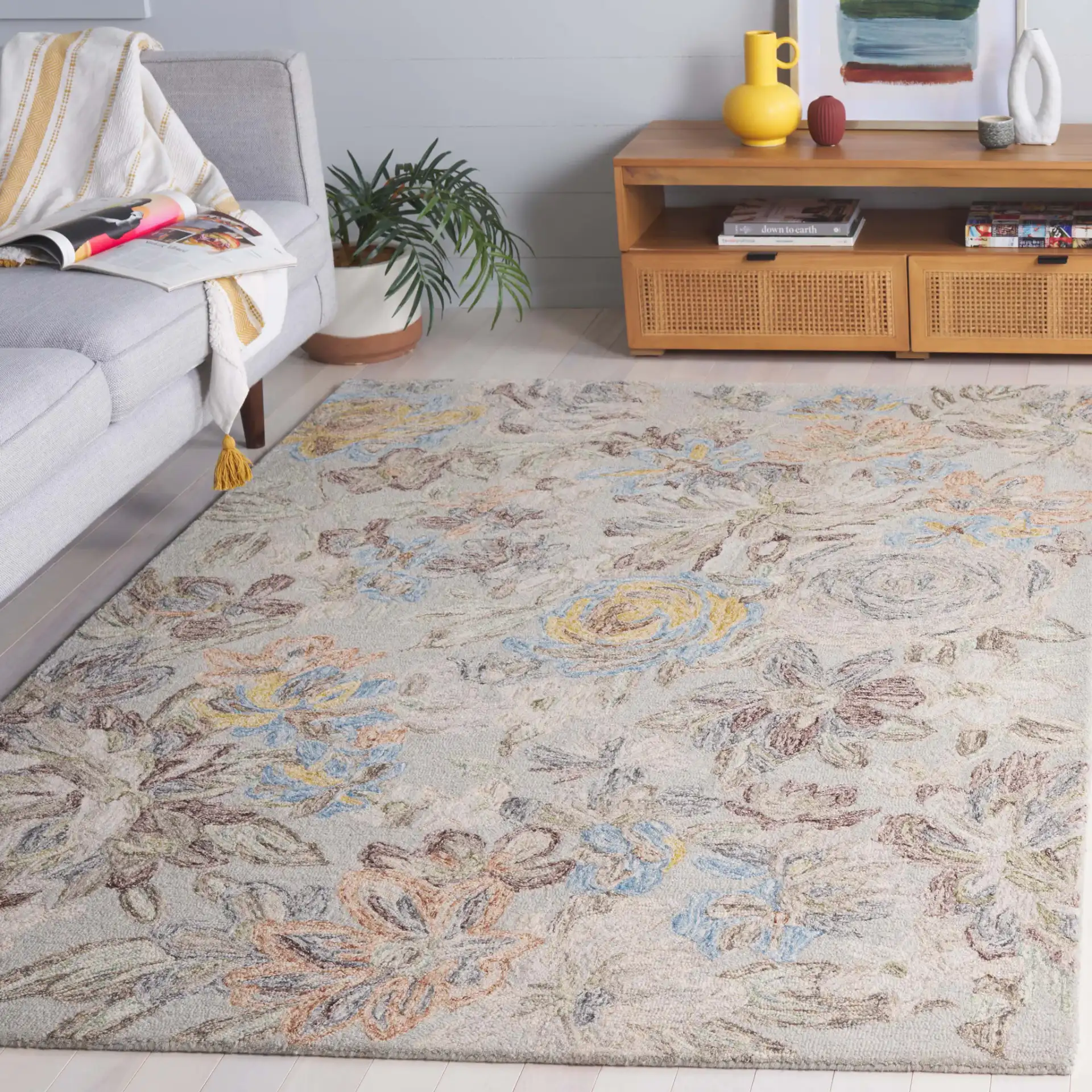 Blossom Pastoral Floral Hand-Tufted Wool Rug in Gray / Blue in a styled room
