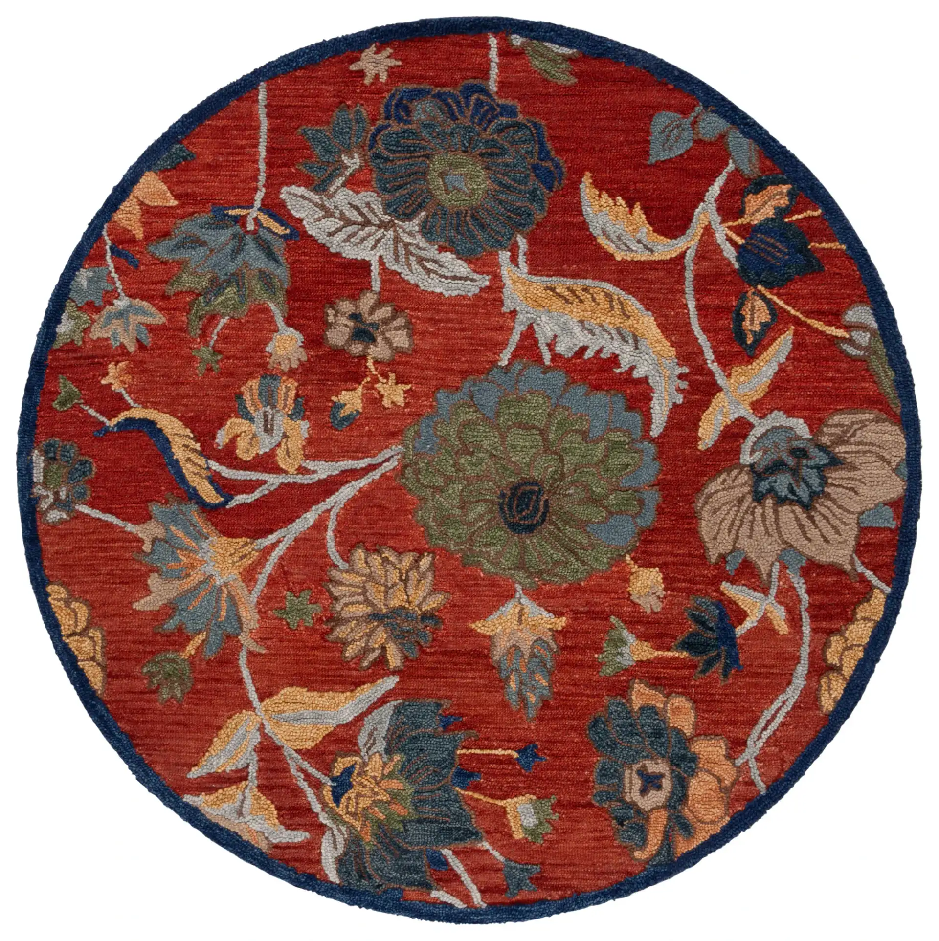 Blossom Botanical Bordered Wool Rug in Orange / Blue