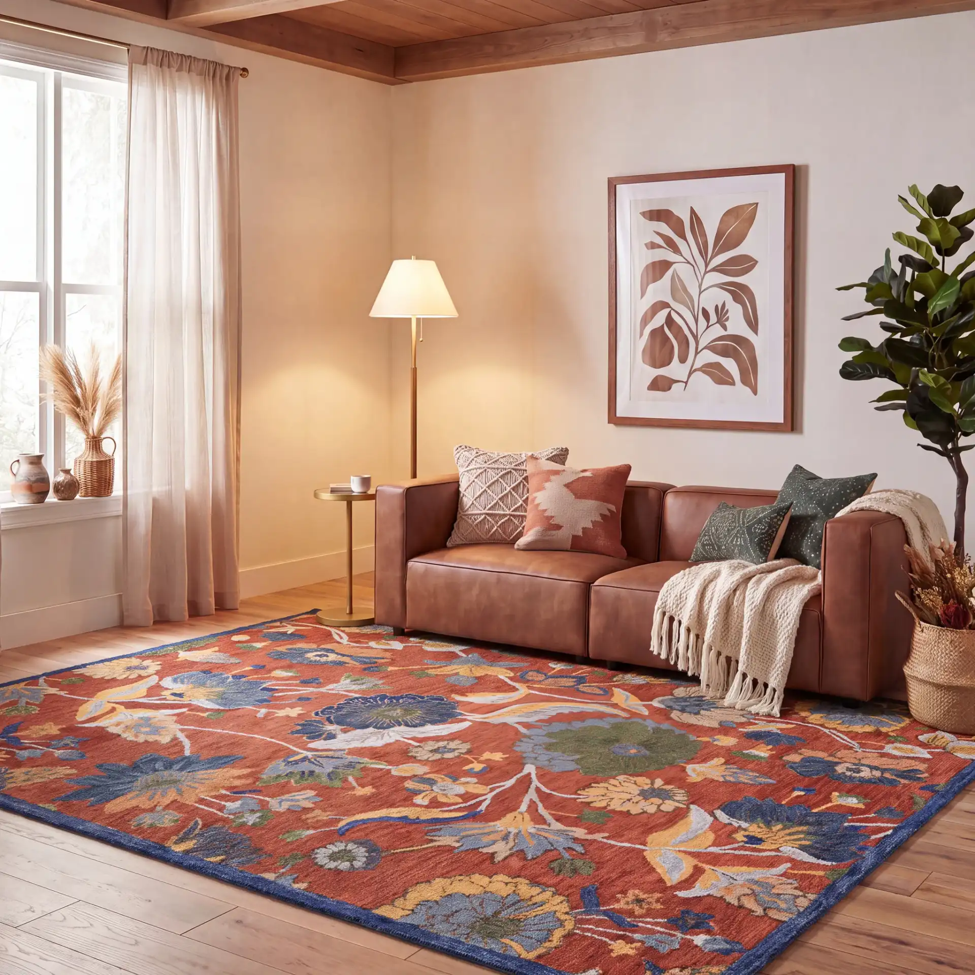 Blossom Botanical Bordered Wool Rug in Orange / Blue in a styled room