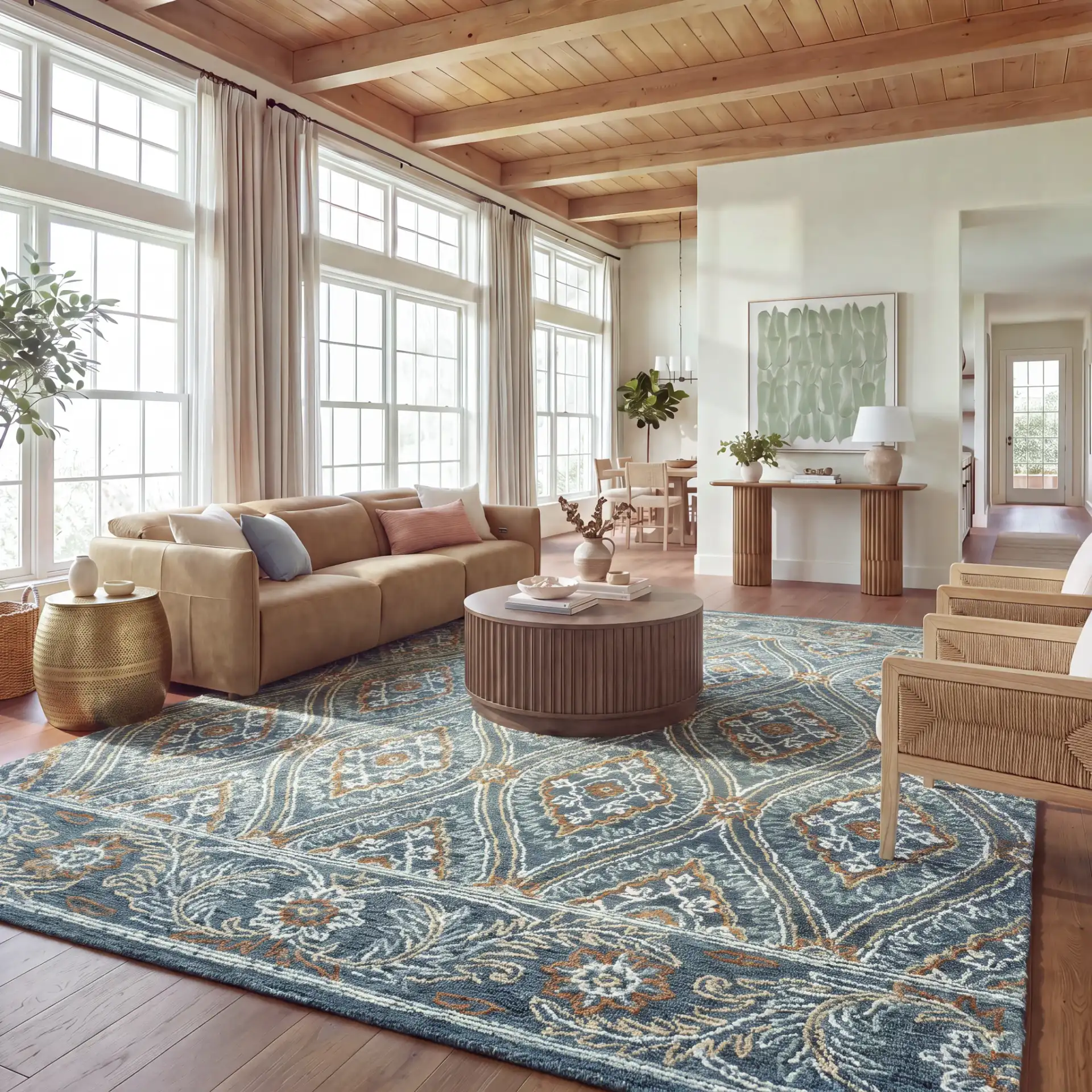 Blossom Floral Ogee Hand-Tufted Wool Rug in Navy / Yellow in a styled room
