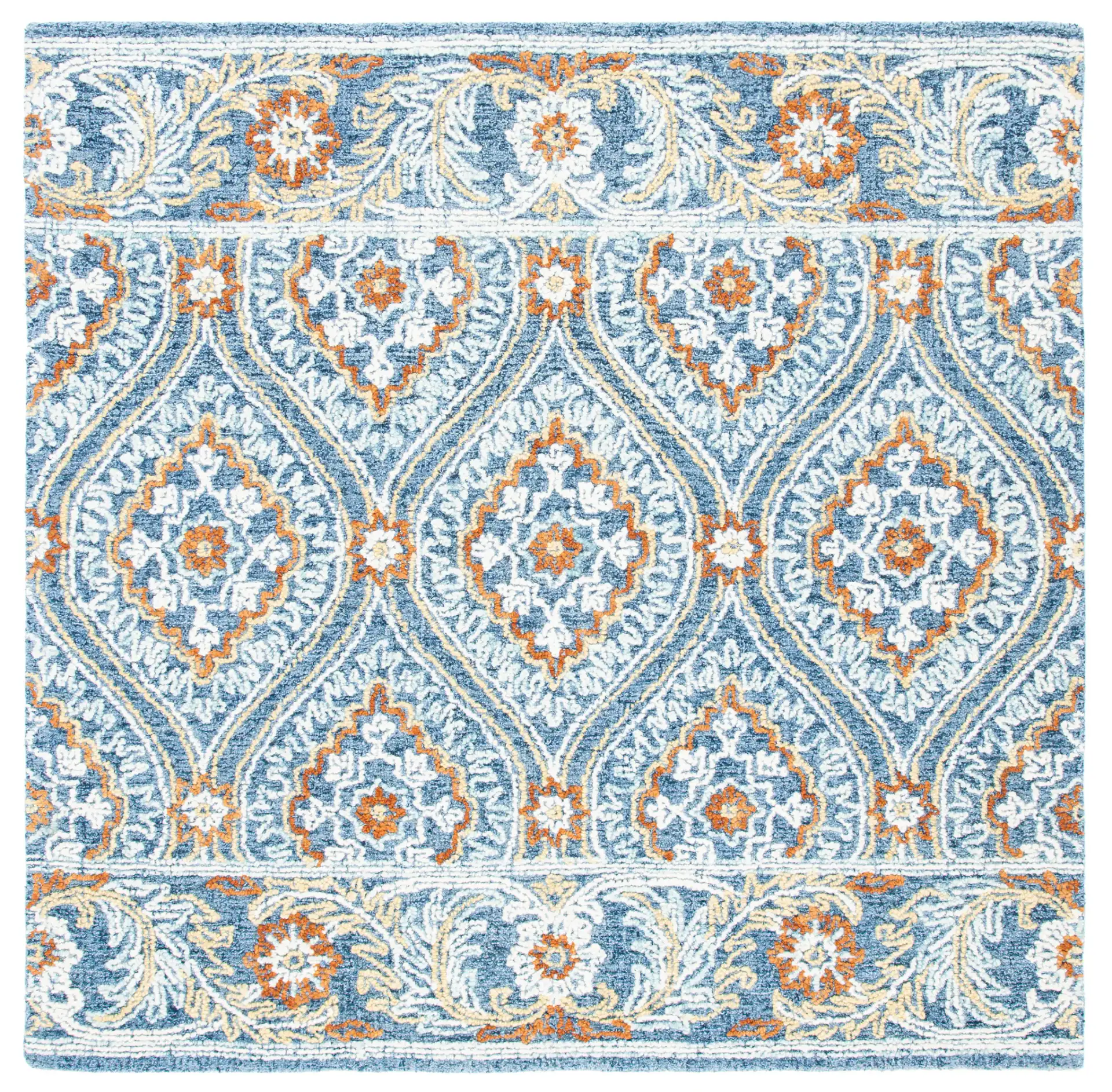 Blossom Floral Ogee Hand-Tufted Wool Rug in Navy / Yellow