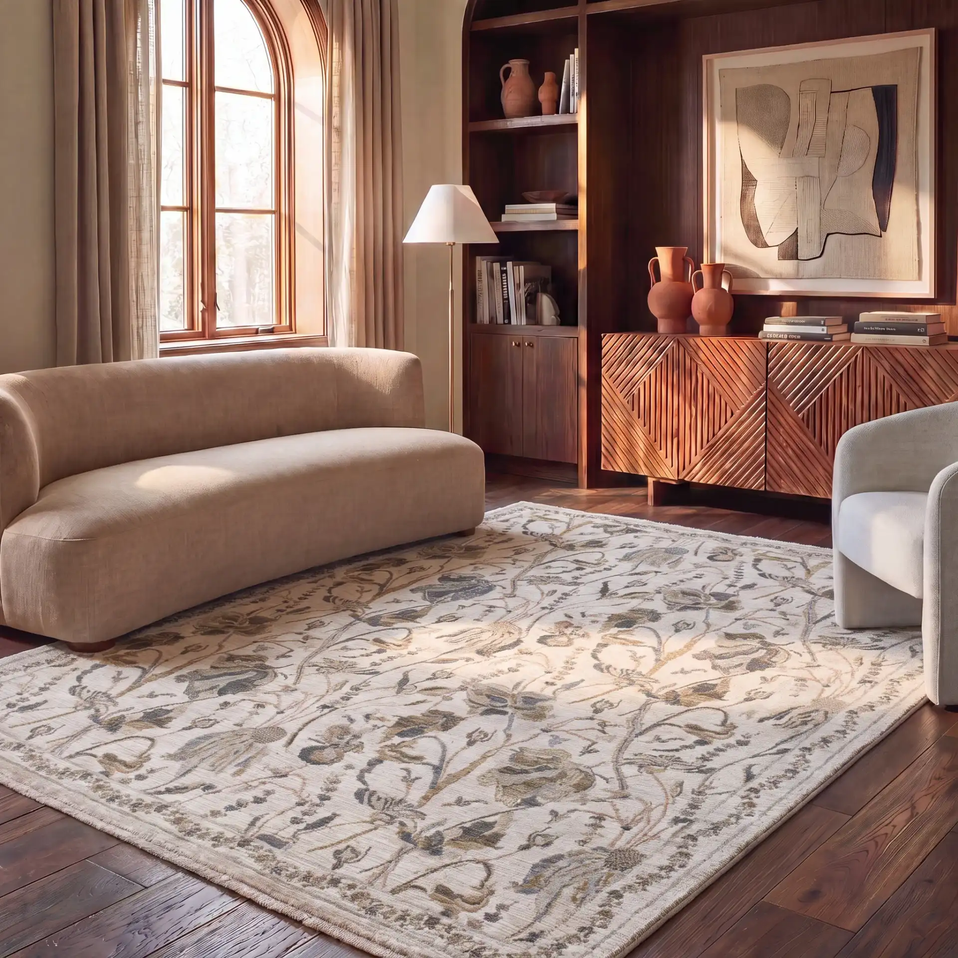 Bloom Traditional Floral Rug in Ivory / Gray in a styled room