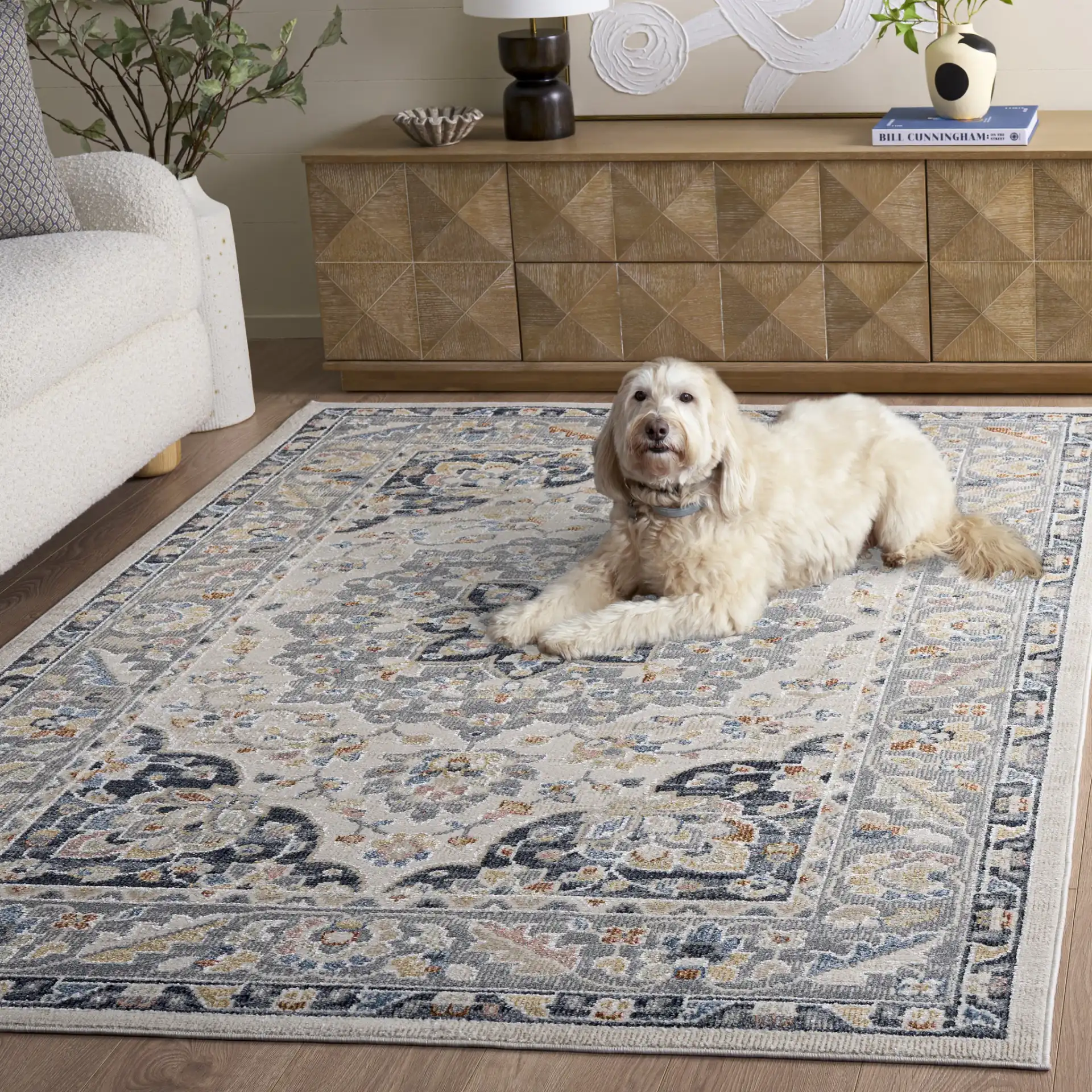 Blair Medallion Washable Rug in Beige / Gray Navy in a styled room