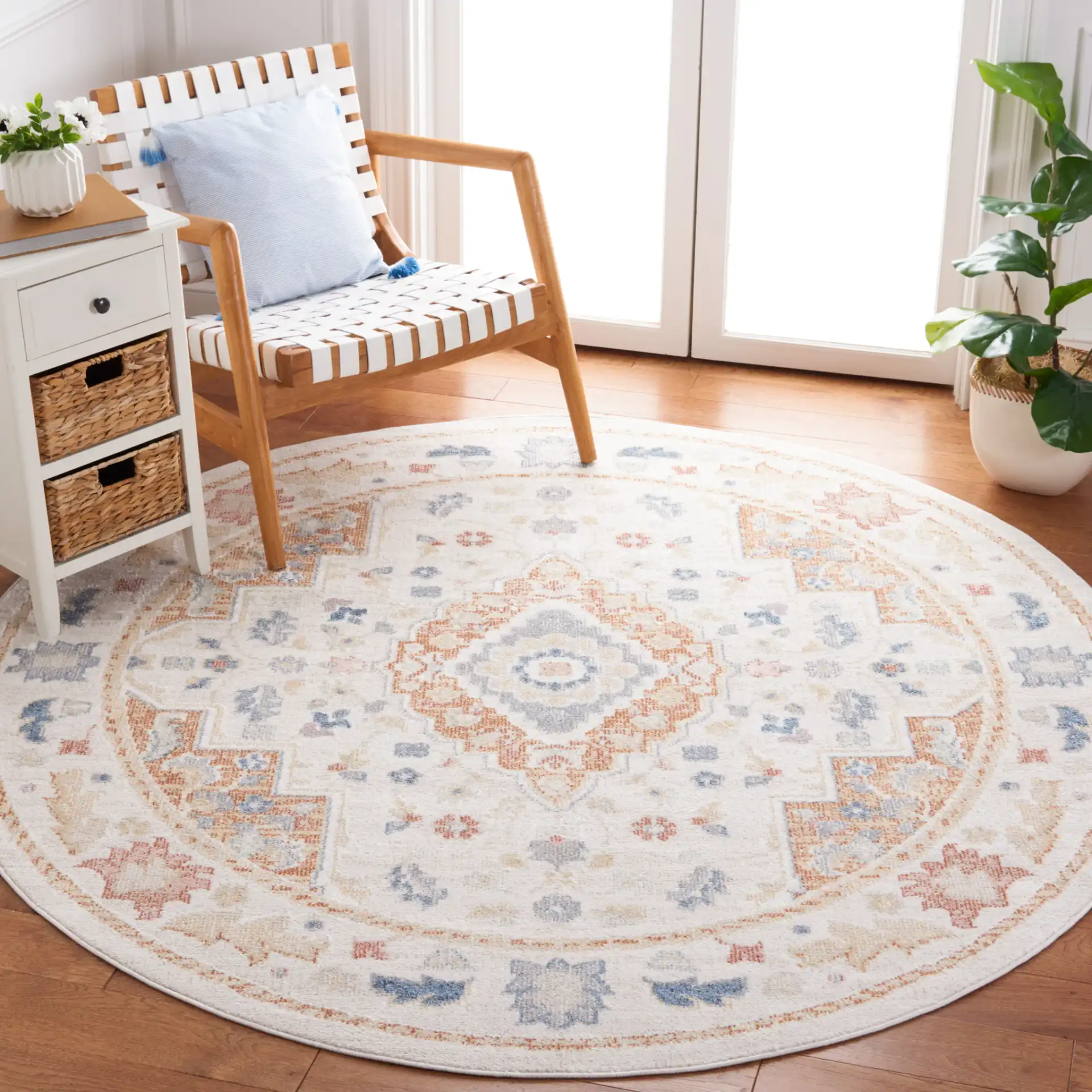 Blair Washable Diamond Medallion Rug in Beige / Rust in a styled room