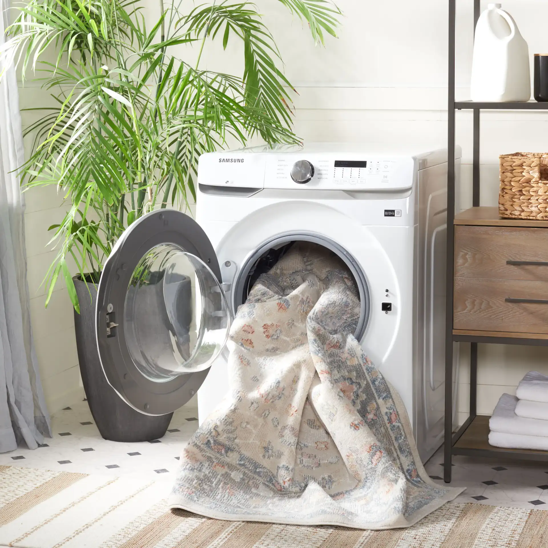 Blair Floral Bordered Washable Rug in Beige / Gray in a styled room
