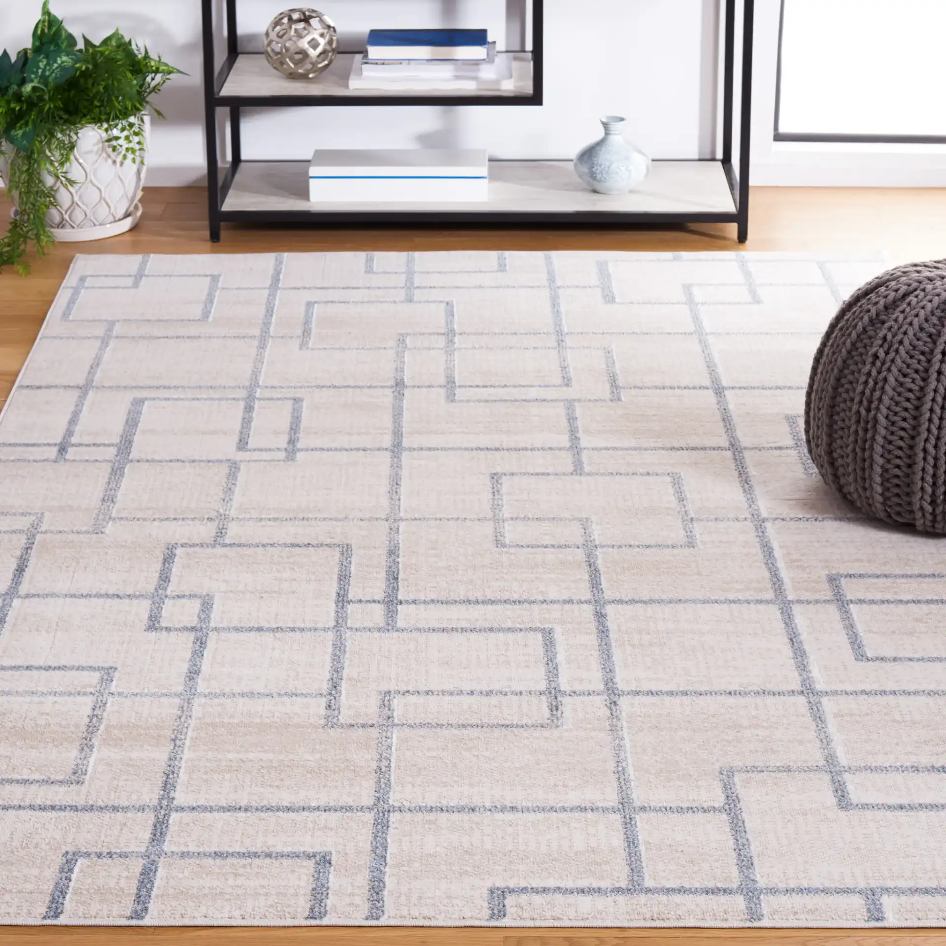 Blair Washable Intersecting Square Rug in Beige / Gray in a styled room