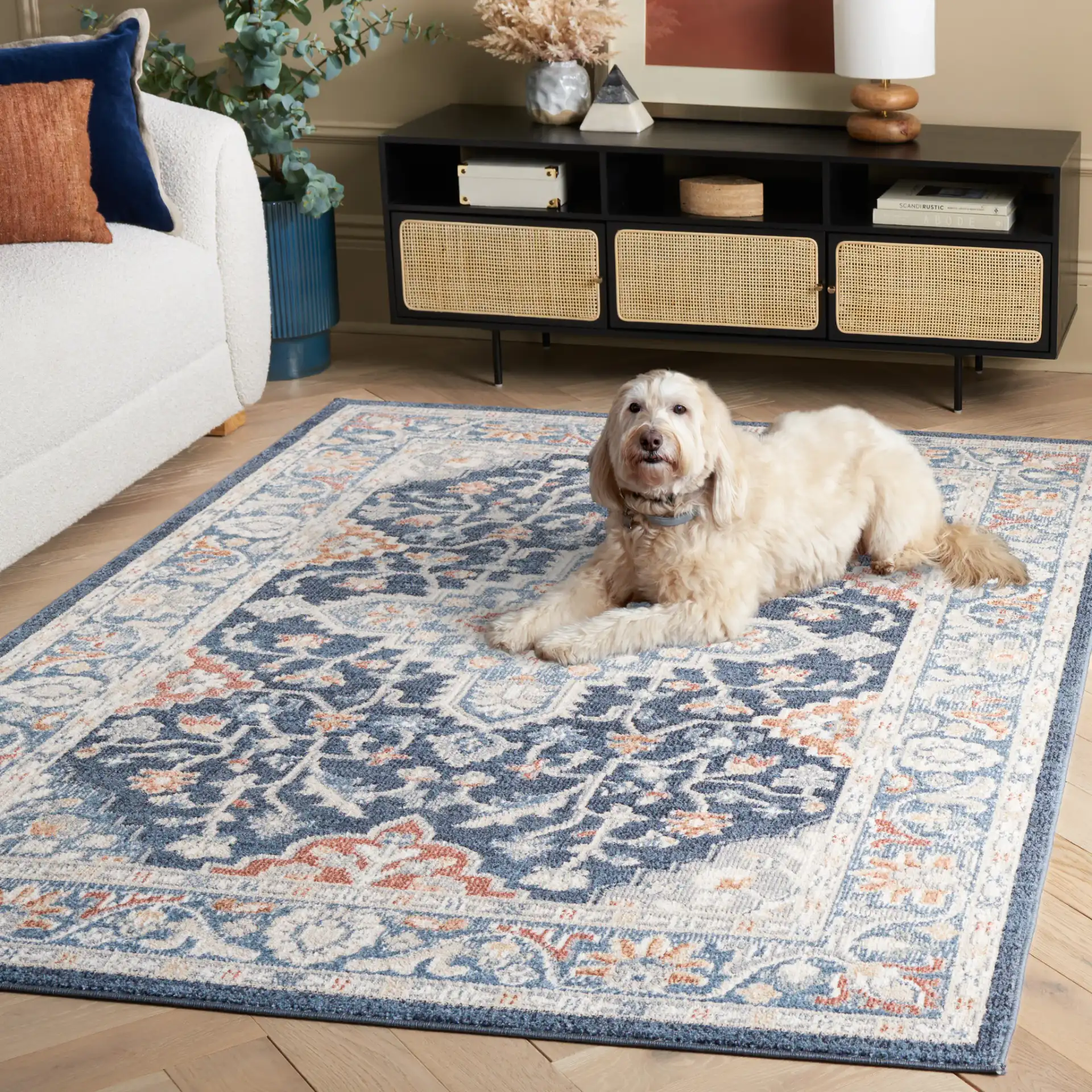 Blair Floral Medallion Washable Rug in Navy / Blue in a styled room